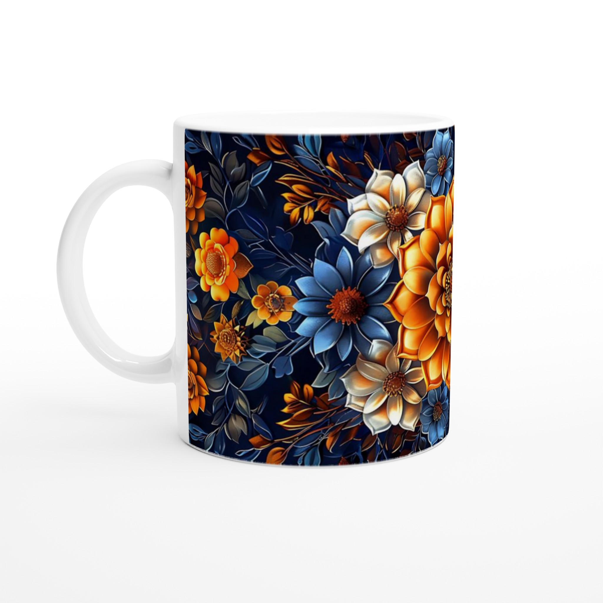 Lyxig Blomstermugg 11oz – Eleganta Orange, Blå & Vita Blommor på Mörk Bakgrund 1 102b2cac-7518-4fc2-b915-e3eb83a60747