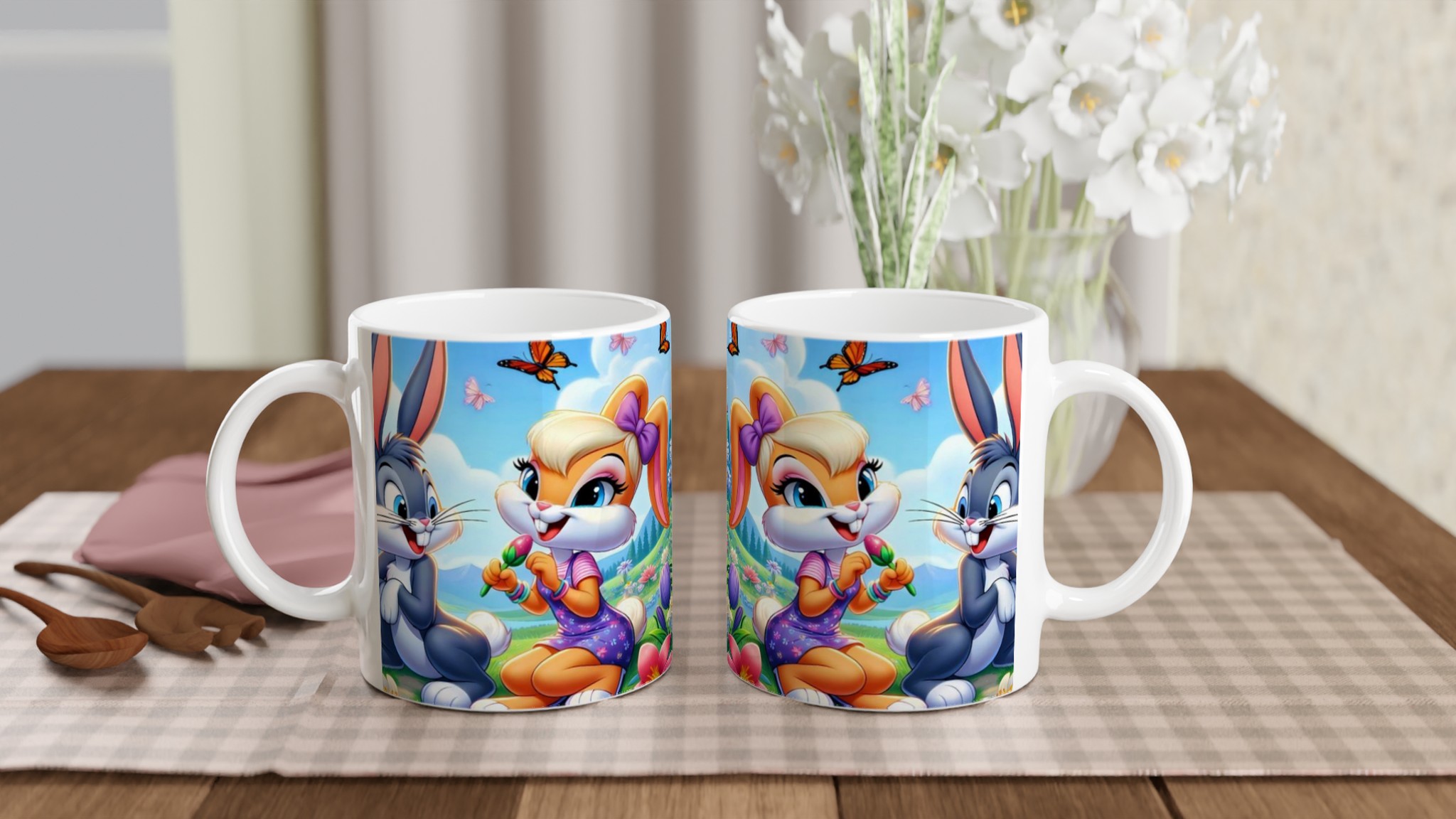 Vit 11oz keramisk mugg med lekfulla kaniner – välj bland sju livfulla färger 11 11a2be62-6ccf-431e-afaf-81d674efbfcb