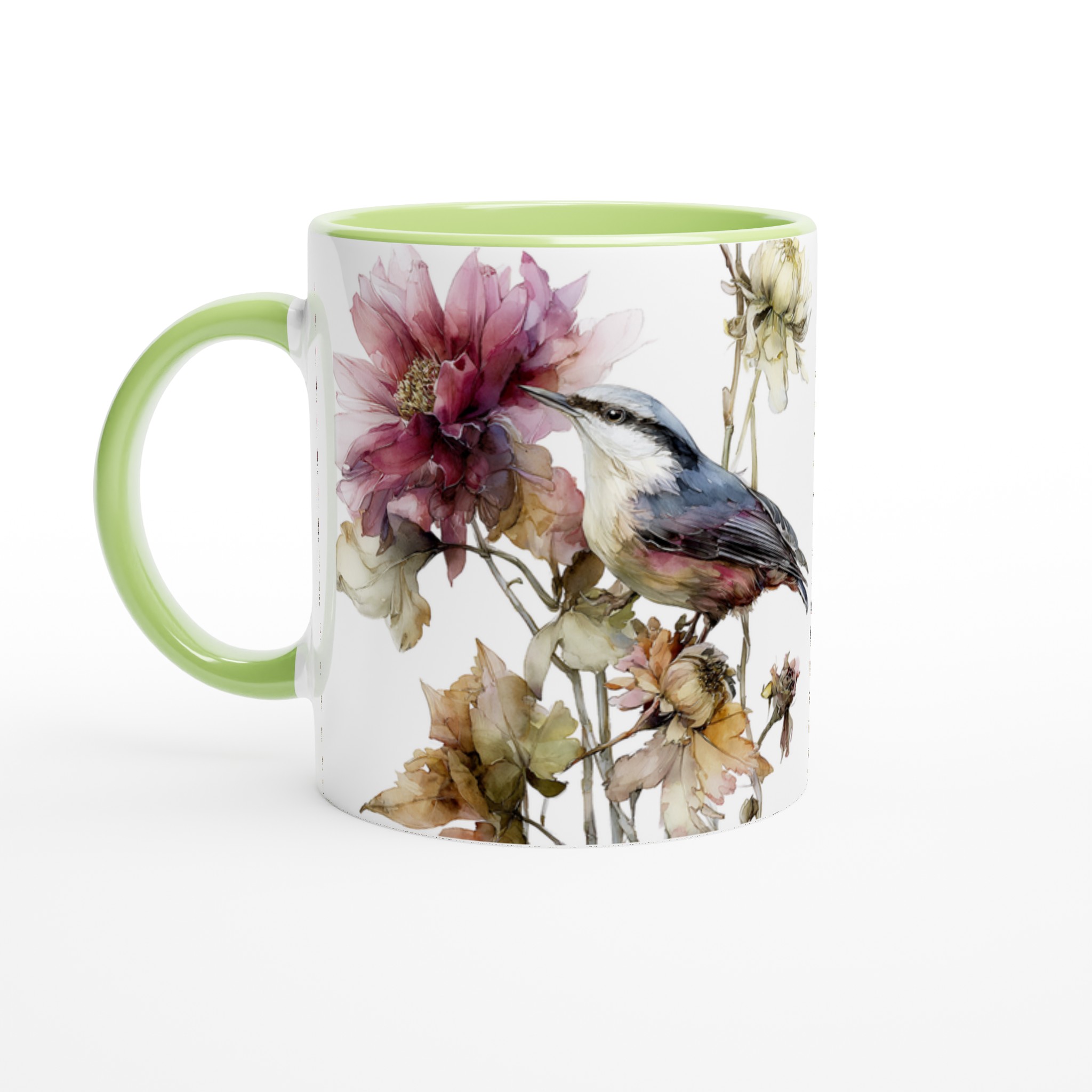 Vit 11oz keramikmugg med elegant fågel- och blomsterdesign – välj bland sju färgstarka nyanser 7 11ed6323-54a6-4cf1-a1d5-fe5cbec3270c
