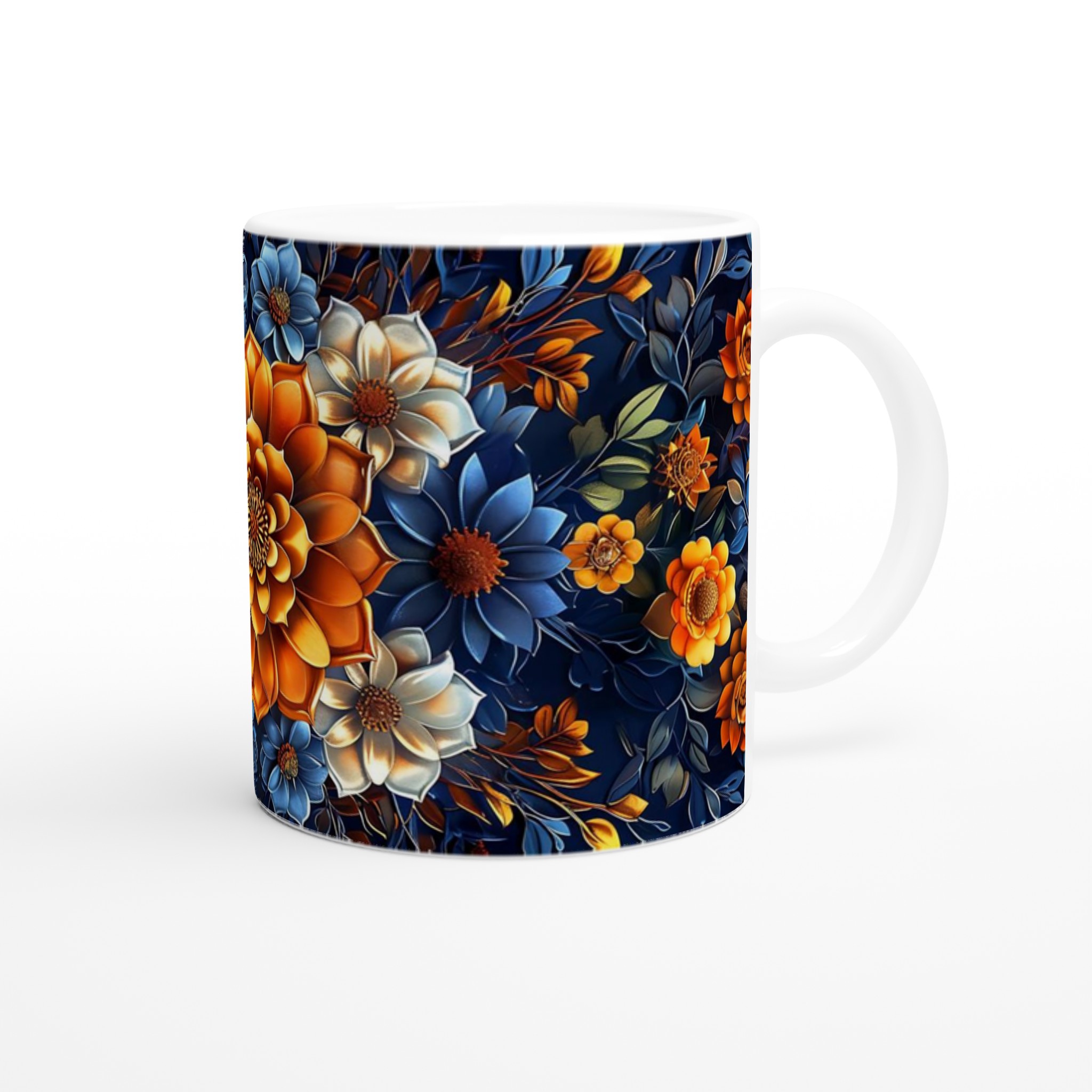 Lyxig Blomstermugg 11oz – Eleganta Orange, Blå & Vita Blommor på Mörk Bakgrund 9 12879754-6218-4d75-9eaa-a7e6c9648540