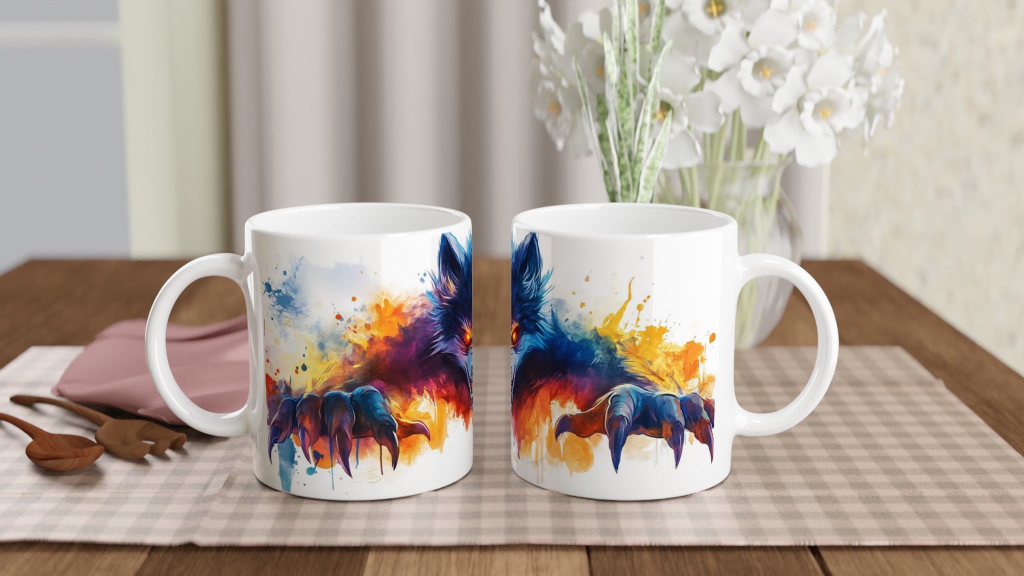 Mörk Varg Akvarell Mugg - Eldiga Ögon & Klor, 11oz Keramikmugg i ditt val av färg 10 12d00aa3-8ec5-4540-b8a8-3f26c314ca5f
