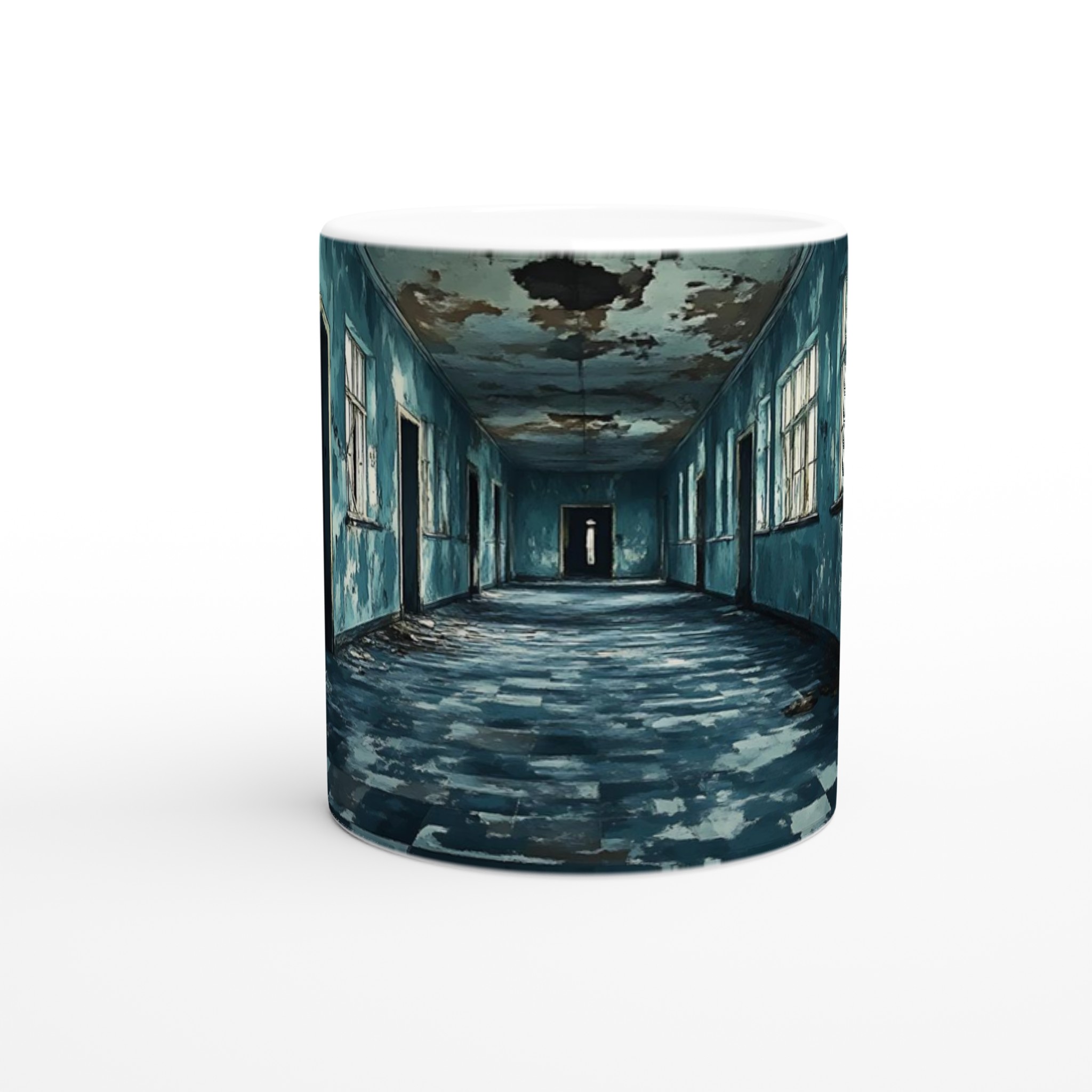 Mystisk Förfallen Korridor 11oz Keramisk Mugg - Skrämmande Blå Konst för Din Kaffestund 8 13937e5e-123c-41b2-b28d-4bc95e0465cd