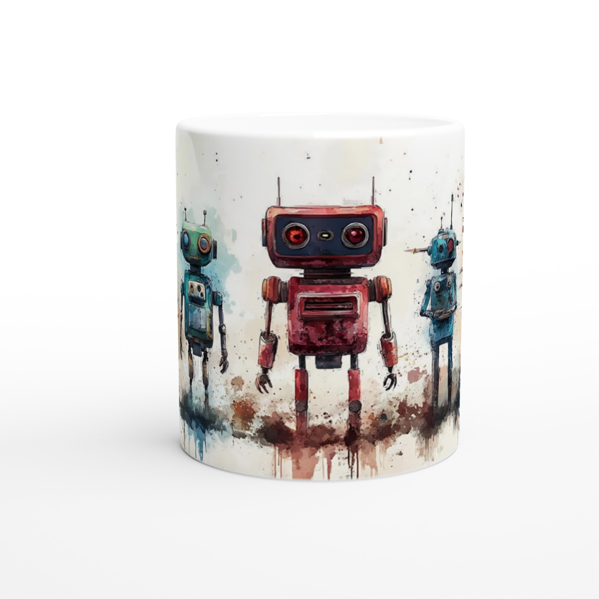 Retro Robot Vänner 11oz Keramikmugg – Konstnärlig Akvarell Design i Flera Färger 8 14186075-9abe-4c8a-9e29-21a99944d5fc
