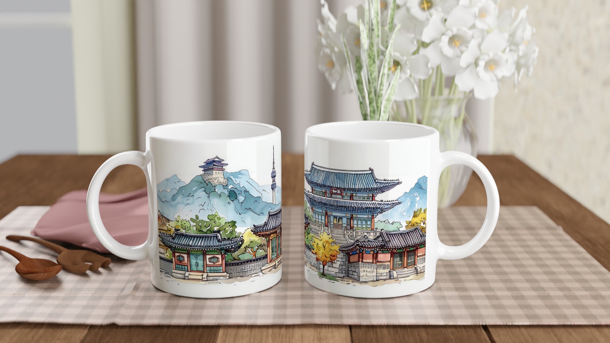 Seoul Skyline Akvarellmugg – Koreansk Arkitektur & Bergmotiv, 11oz Keramisk Mugg i Valfri Färg 10 147ffaf7-6d25-4655-90b0-3b0b11e11b16
