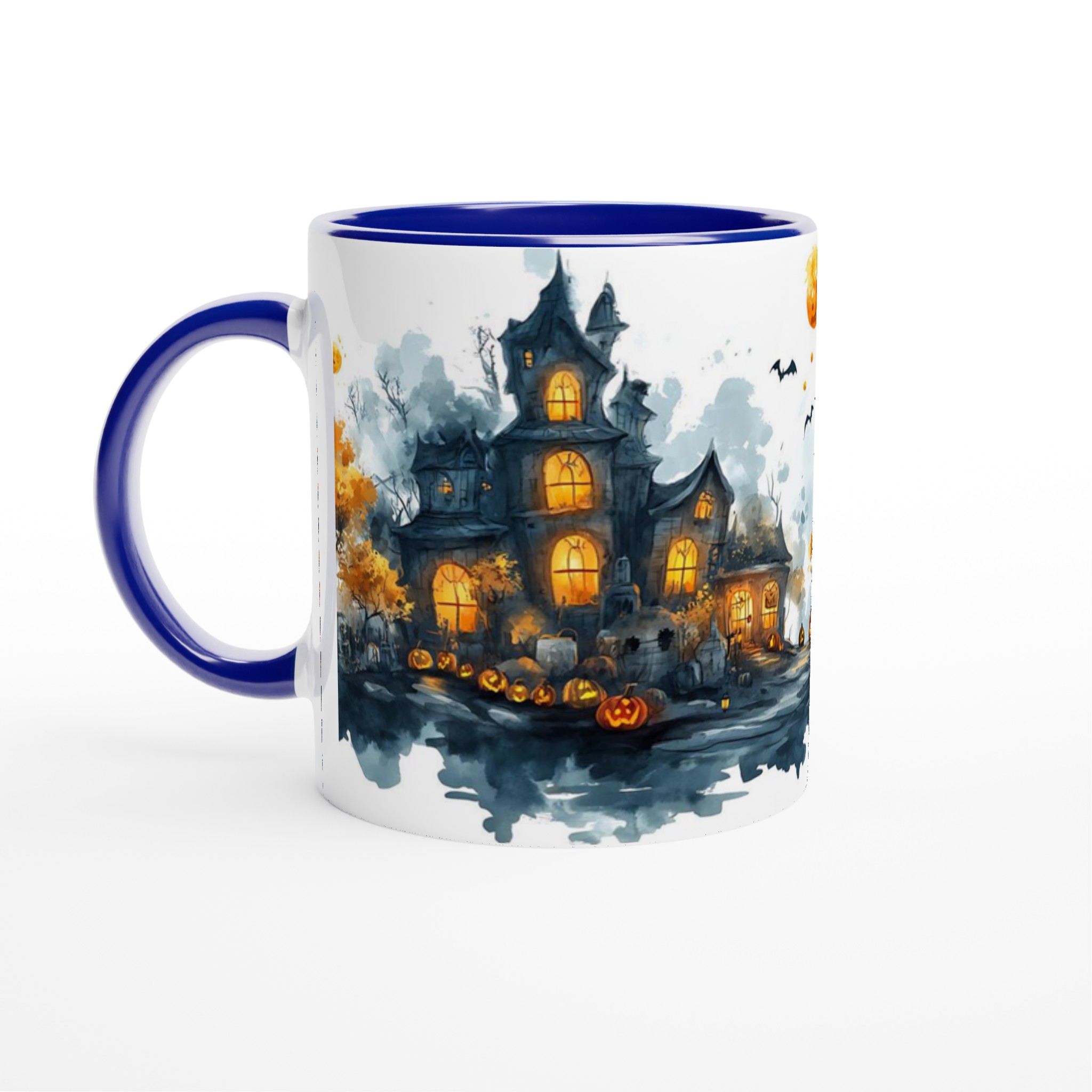 Spooky Halloween Haunted House Mugg - Akvarellstil med Lysande Pumpor och Fladdermöss 2 156d88aa-3501-42ae-87c5-24db748dd9a1