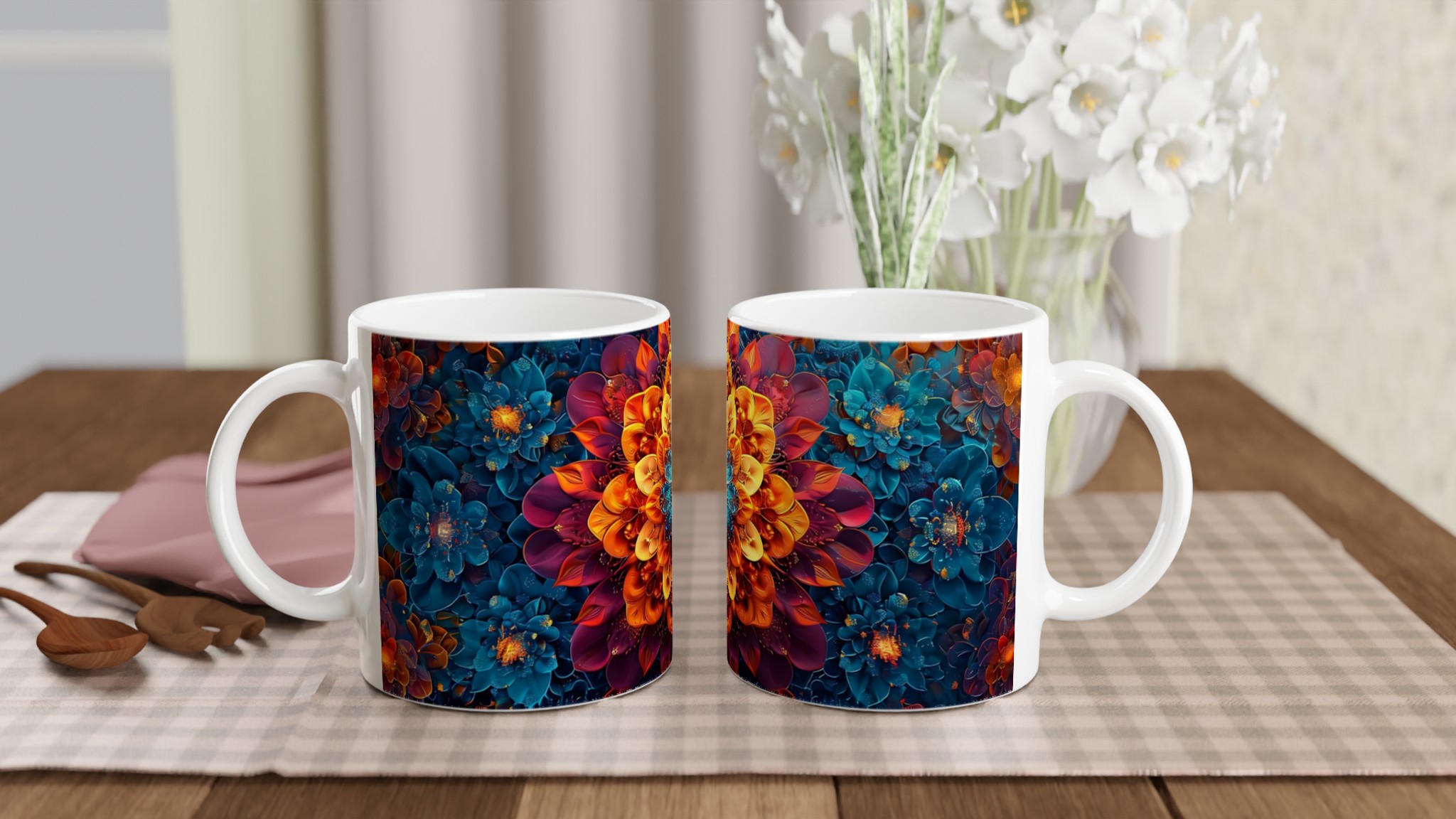 Abstrakt Mandala Konst Mugg – Levande Blomsterdesign i Teal, Guld & Lila, 11 oz Keramisk Kaffekopp 10 164cdab7-11f8-46d0-a182-dcc1b1017188