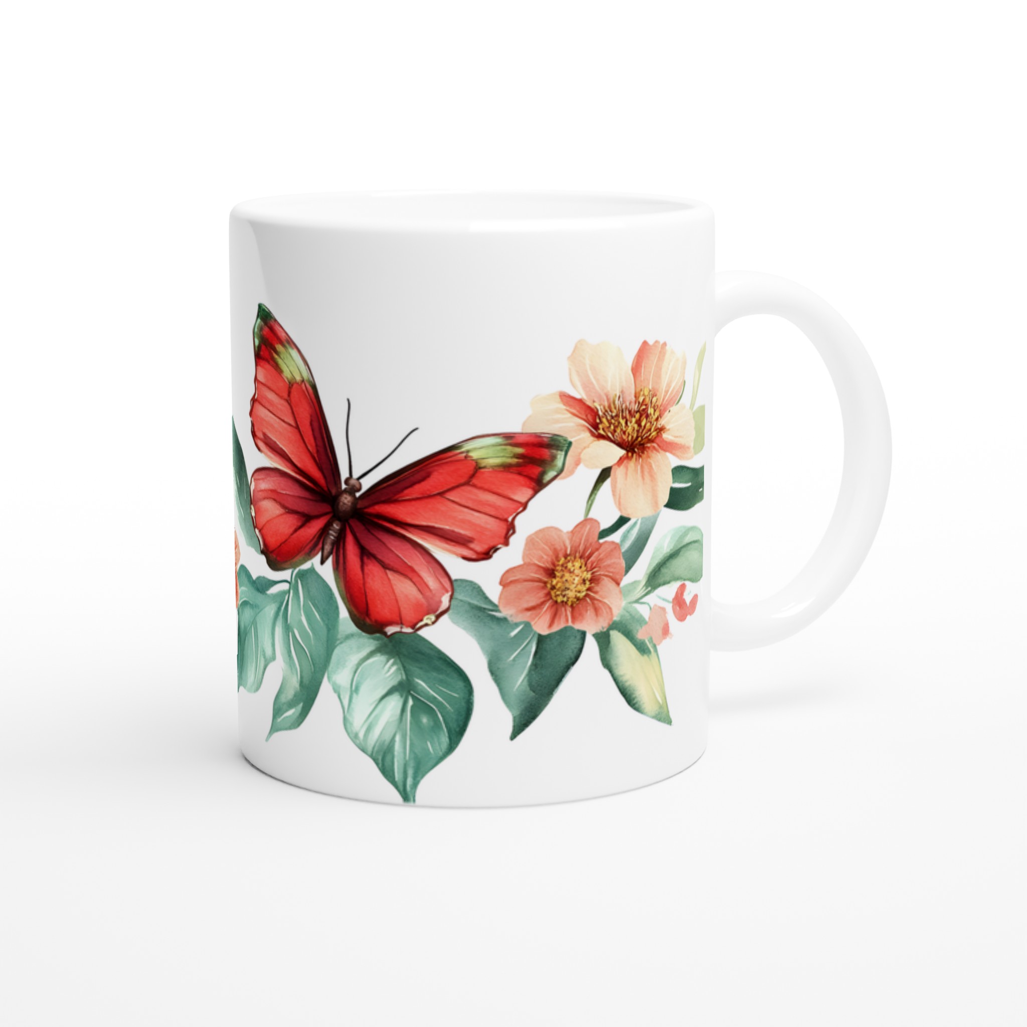 Fjärilsmugg - Akvarellblommor & Röda Fjärilar 11oz Keramisk Mugg 9 16a788ff-6430-4629-8fb7-dc0a52e90f74