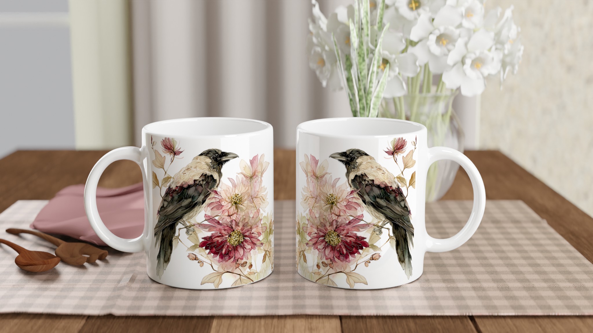 Elegant Vit keramisk mugg med poetisk fågel- och blomdesign i mjuka pasteller 10 16b3c519-82c1-4f42-8587-8bc264bbc06a
