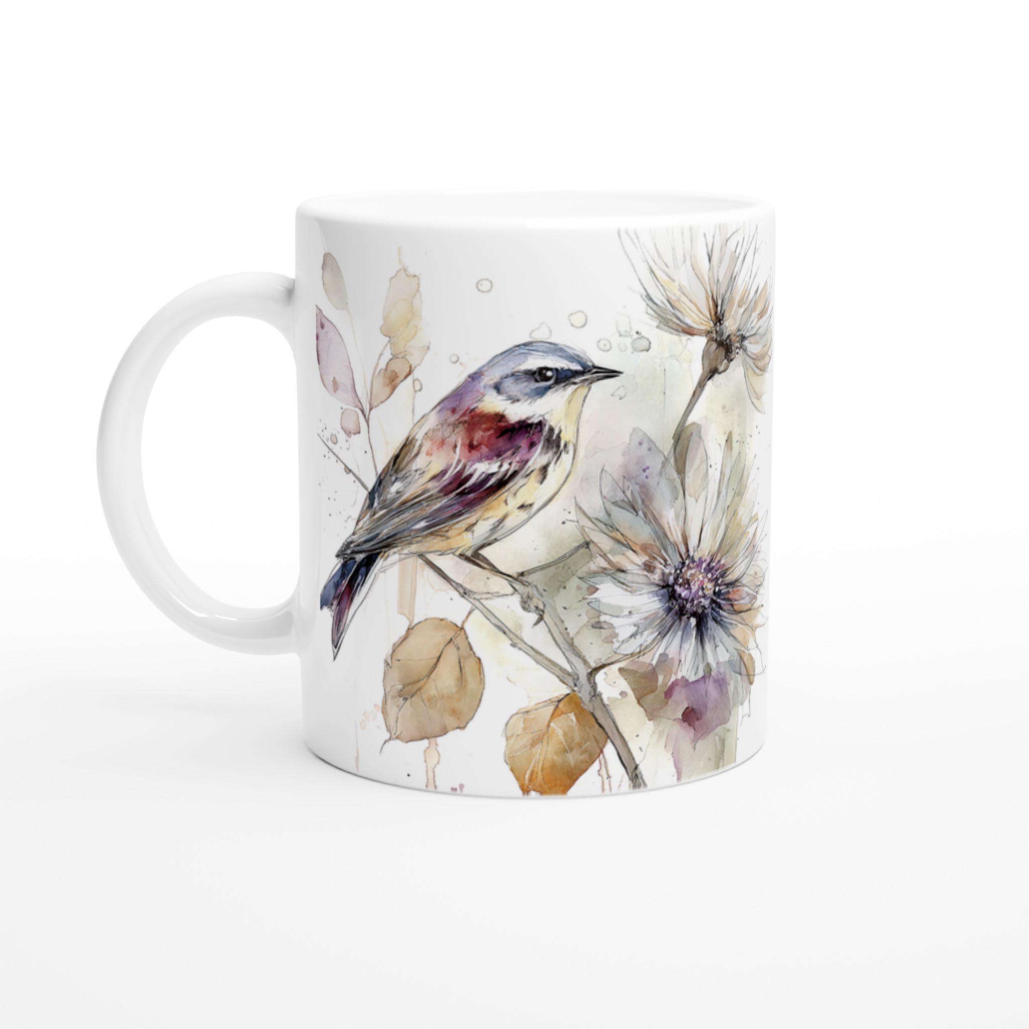 Vit 11oz keramisk mugg med elegant akvarellfågel och blommor – välj bland sju vackra färger 1 16d3cae2-27b9-452e-8ec4-2d1cecd747fb