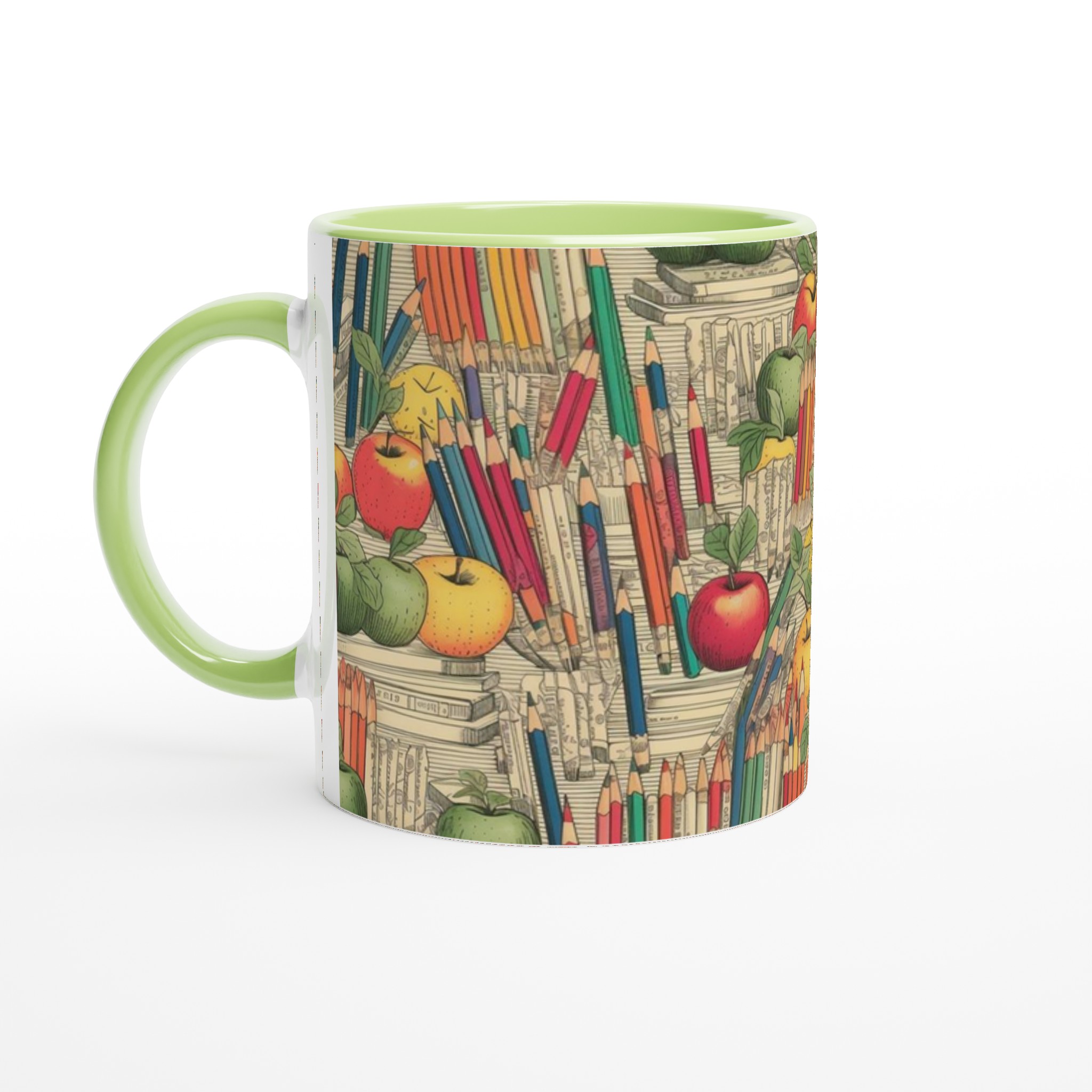 Vit 11oz keramisk mugg med färgglad bok- och äppelmönster i valfri keramikfärg 7 17c90790-b900-4fe2-b7bf-3a68b9746d50