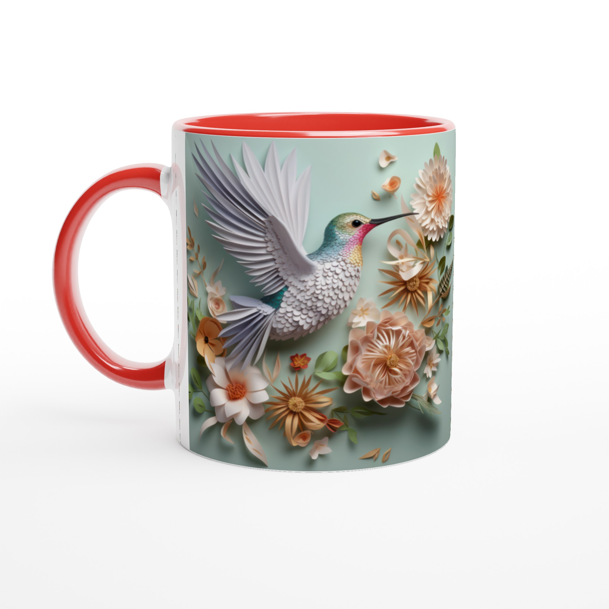 Vit 11oz keramisk mugg med elegant kolibri- och blomstertryck i mjuka pastelltoner 5 17f835e9-e3e6-4e78-b6b8-5d6b33b25271