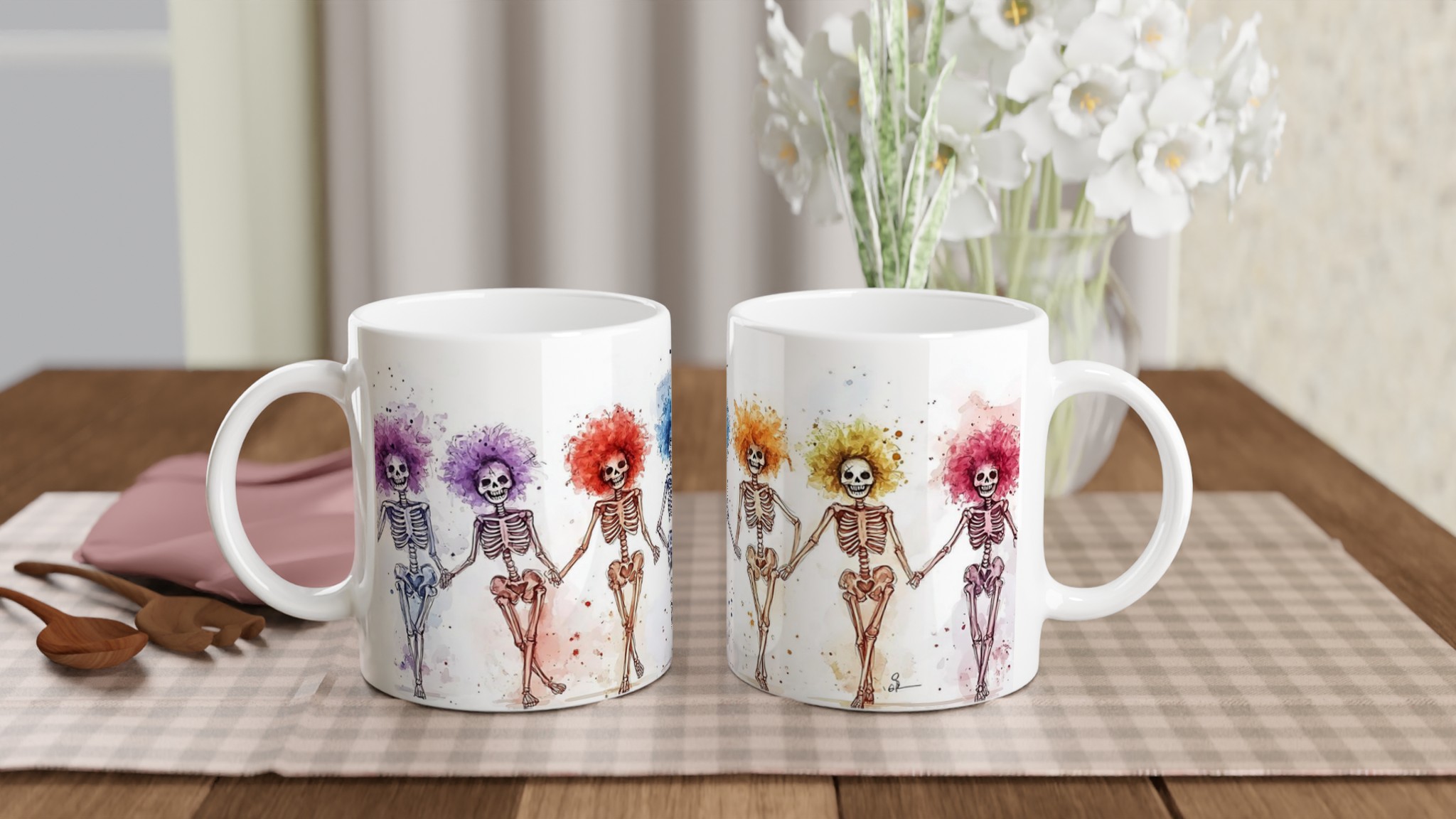 Glad Halloweenskelett med Färgglada Peruker Keramikmugg - Fira med Stil och Glädje! 10 18337f71-baf4-493d-8461-758f6adbd74b