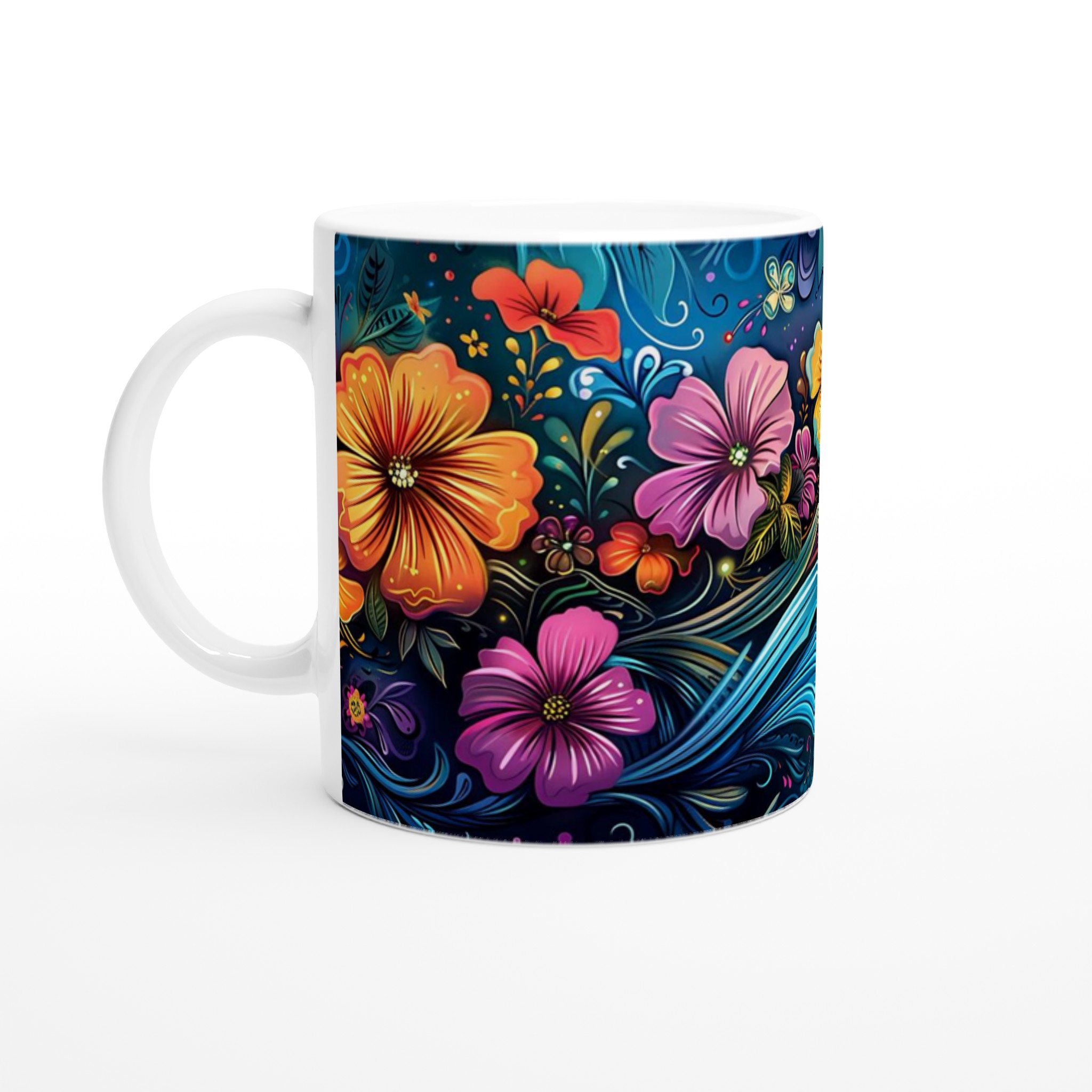 Färgsprakande Blomstermugg – 11oz Keramikmugg med Livfull Konst & Valfri Färg 1 186fac41-fc9d-4ddf-981d-70da134e13ad