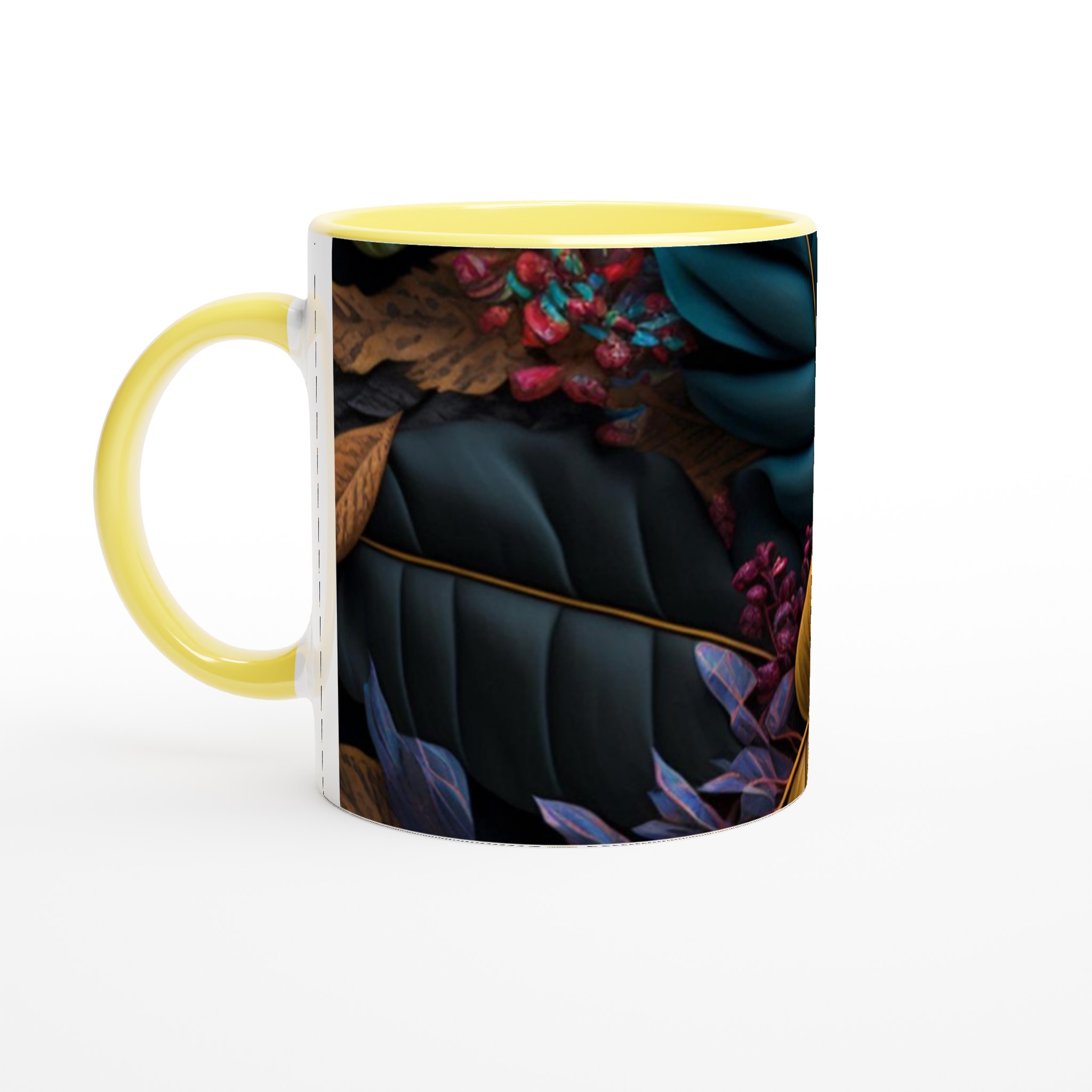 Vit 11oz keramisk mugg med konstnärligt bladmotiv i eleganta färger 3 187b64ec-0319-47f6-9003-156961715458