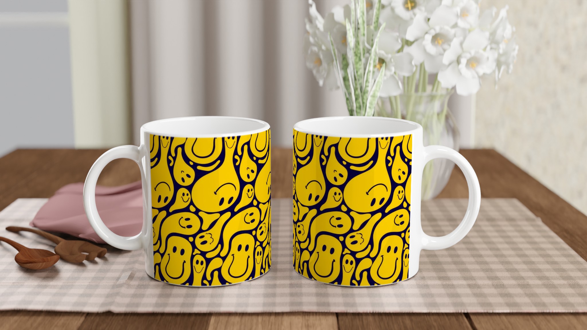 Vit 11oz keramisk mugg med lekfulla gula smileys – välj bland sju livfulla färger 10 1b93cd6f-217a-40a4-83dd-eb06588f31b9
