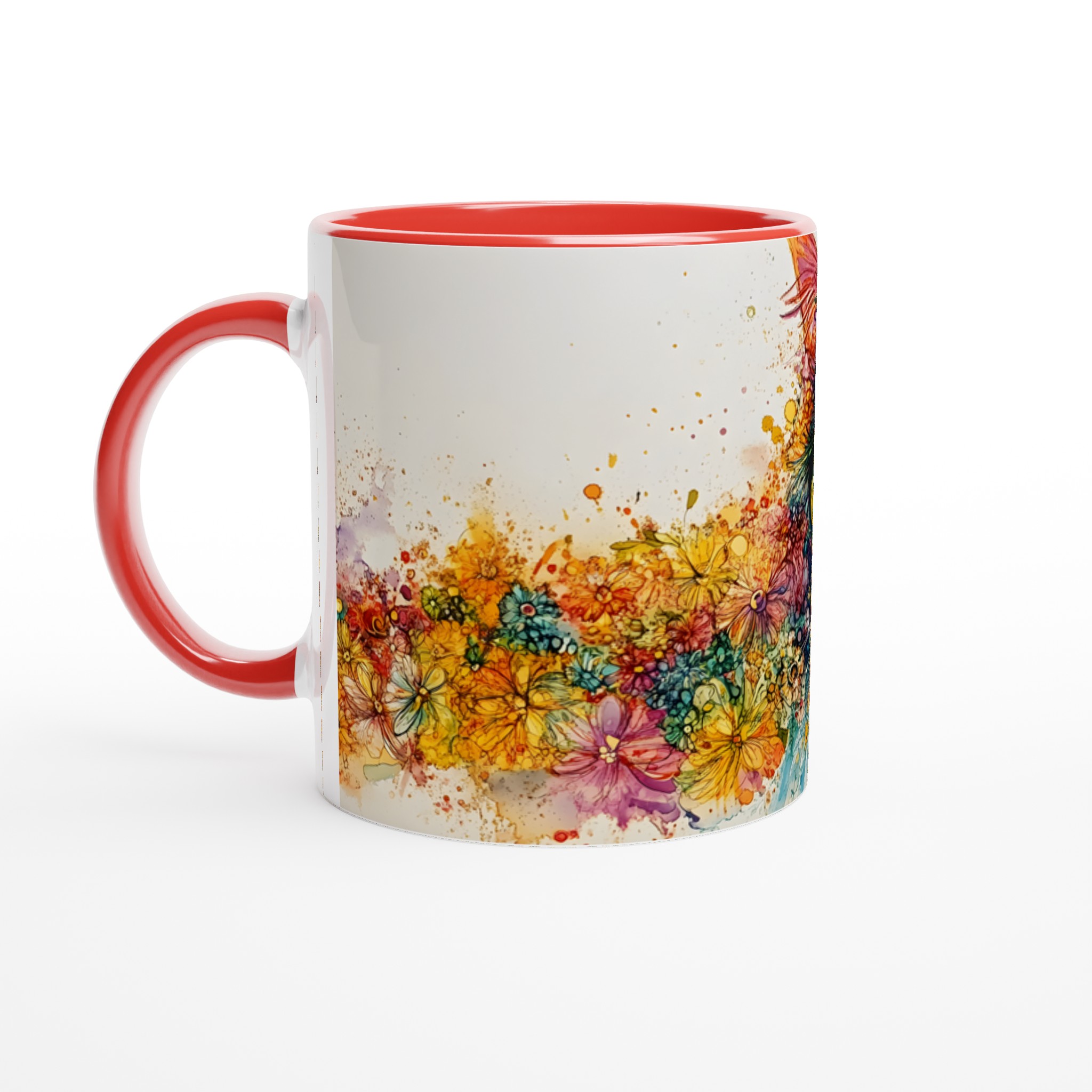 Vit 11oz keramisk mugg med färgstarkt blomstrande kattmotiv – välj din färgstil 5 1c714b6c-c1a3-4fe9-8cff-1003b577e5d7