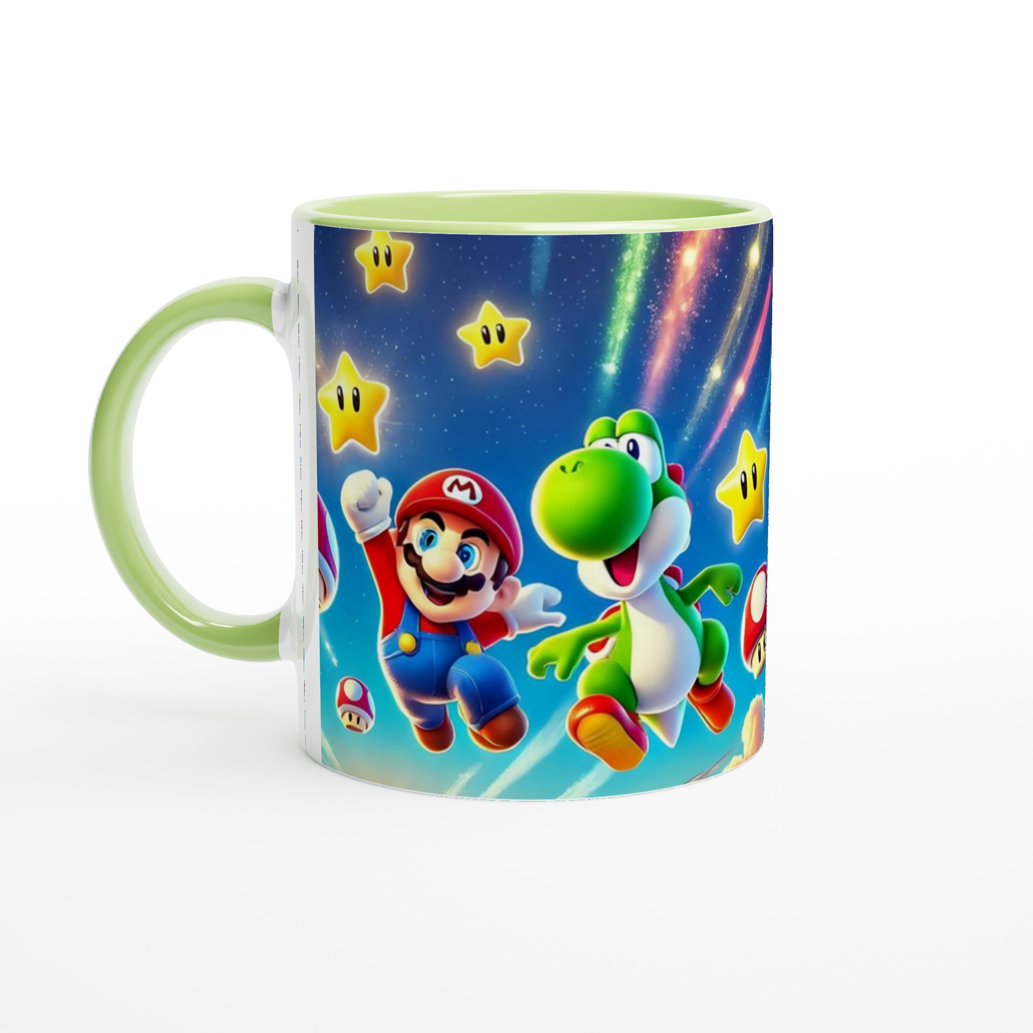 Vit 11oz keramisk mugg med färgstarka spelkaraktärer och magiska stjärnor – välj din keramiska färg 7 1cccb83a-ae4e-40e0-b76d-3915c09b6509