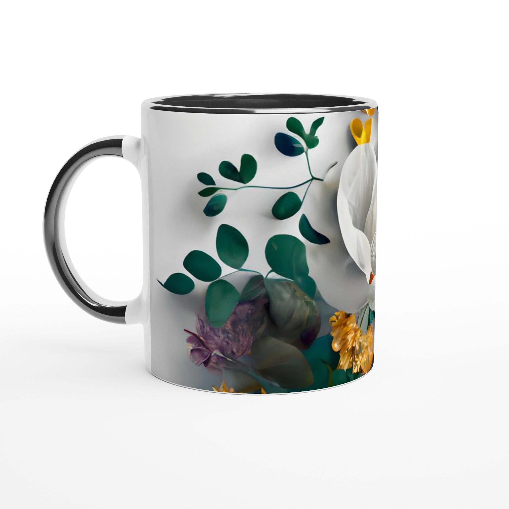 Vit 11oz keramisk mugg med elegant blommönster i sju färgstarka nyanser 4 1d311159-d123-4397-917e-5c8d3fdaa8d7