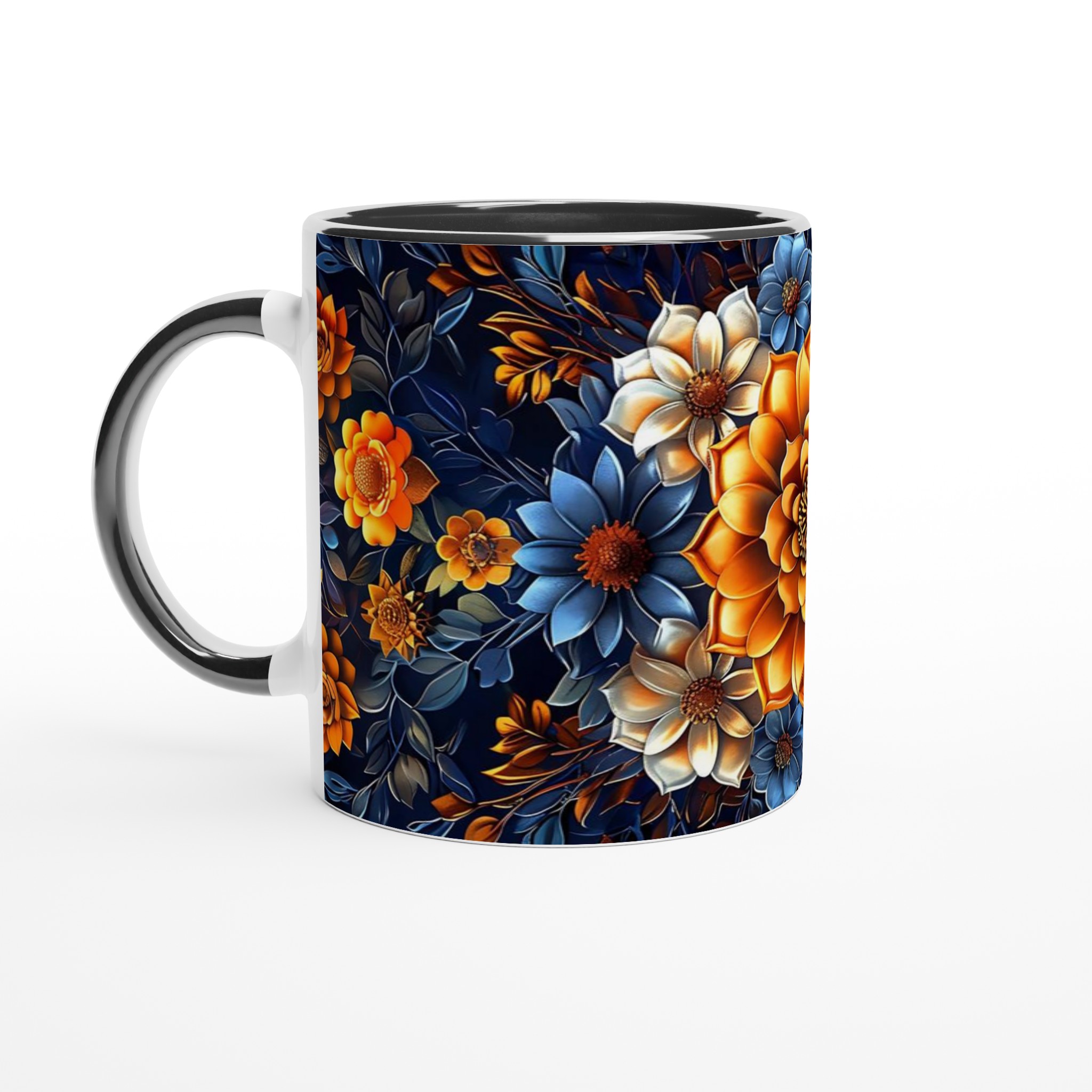 Lyxig Blomstermugg 11oz – Eleganta Orange, Blå & Vita Blommor på Mörk Bakgrund 4 1d461d62-0f9b-4589-93bf-78498972ab3f