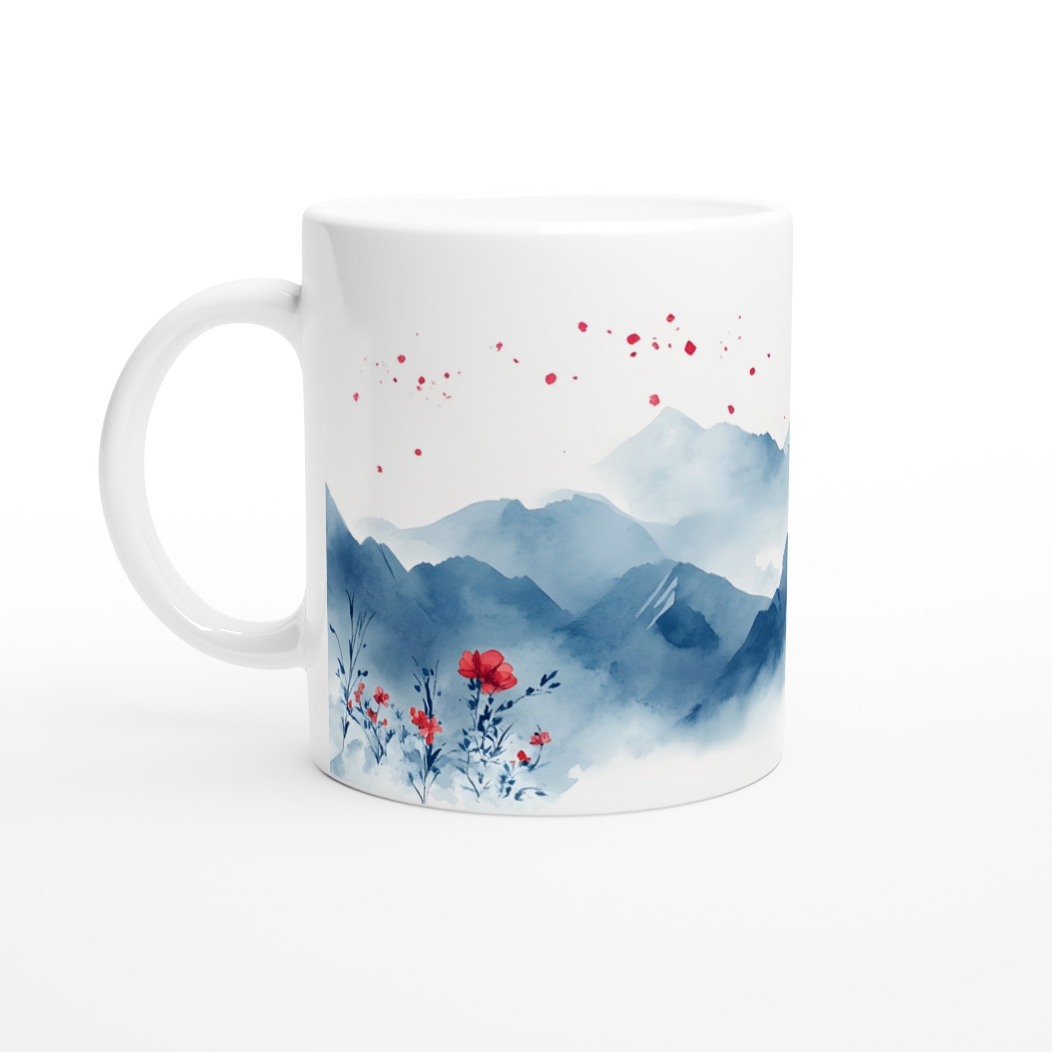 Dimhöljda Berg & Röda Blom – 11oz Keramisk Mugg för Konstälskaren i Sju Färgval 1 1d7e6259-84ab-47dd-9776-60103aeef264