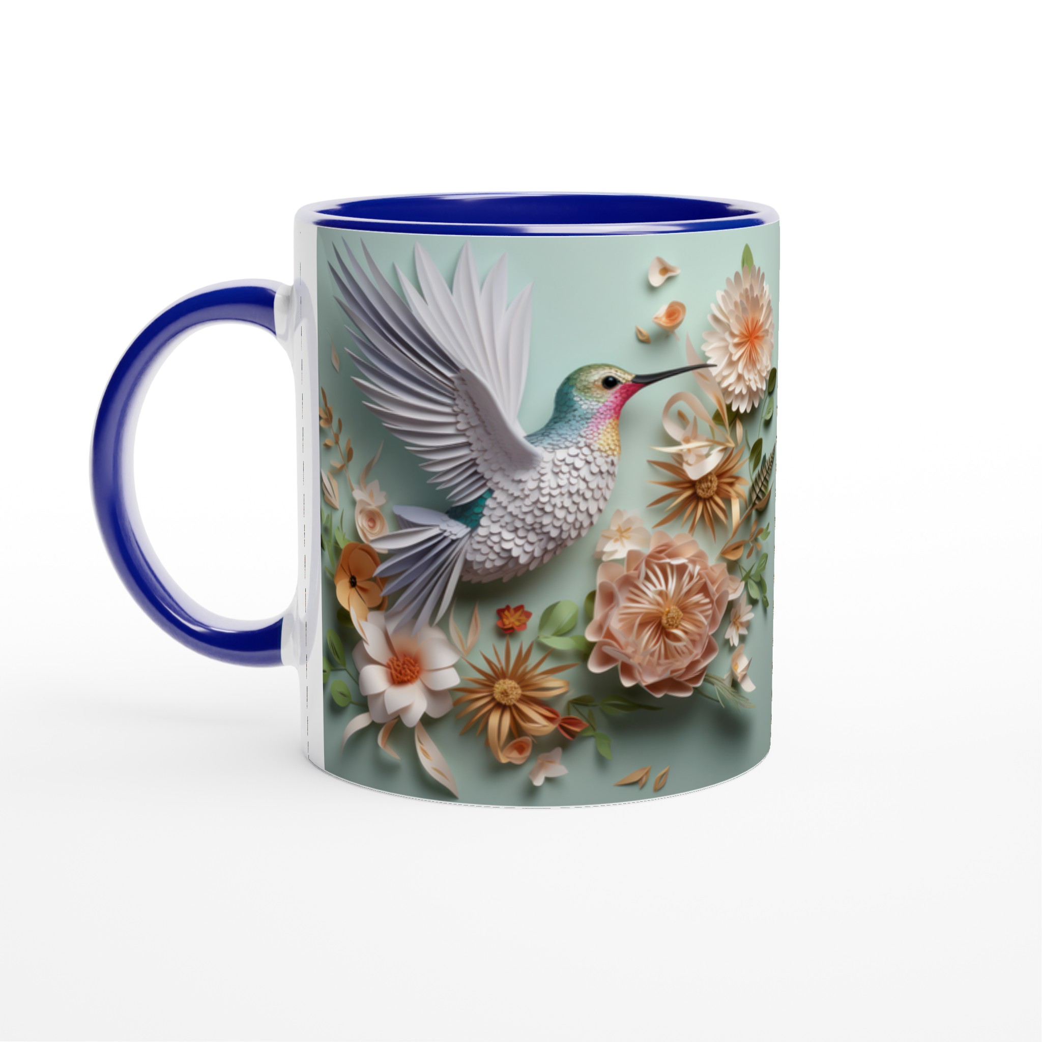 Vit 11oz keramisk mugg med elegant kolibri- och blomstertryck i mjuka pastelltoner 2 1e4436a0-554c-4d19-98a1-ebe680226e12