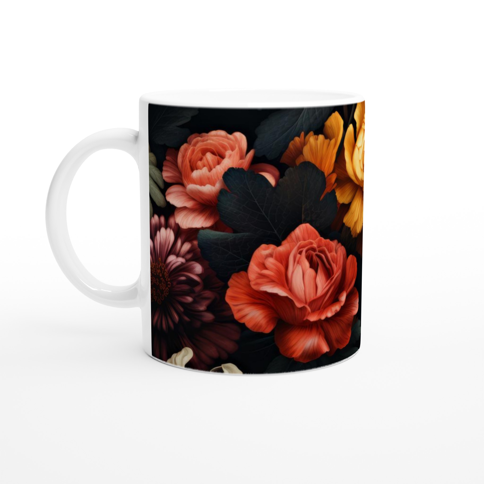 Vit 11oz keramisk mugg med djärva, blomsterinspirerade färger i din valda kulör 1 1e5726a0-178d-4dfb-8b5a-02acac7d0612