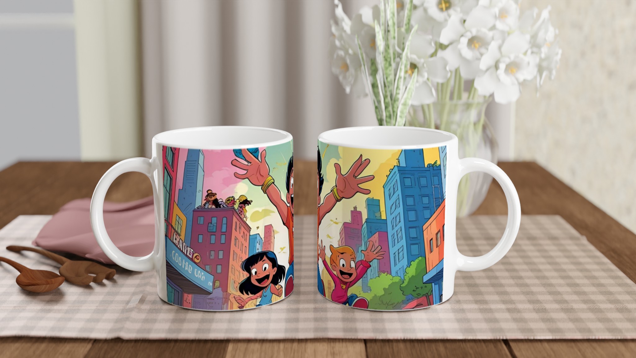 Vit 11oz keramisk mugg med livfulla, lekfulla stadsäventyr – välj din favoritfärg 10 1f28472a-a419-4384-a5e6-93c5c9ce24c4