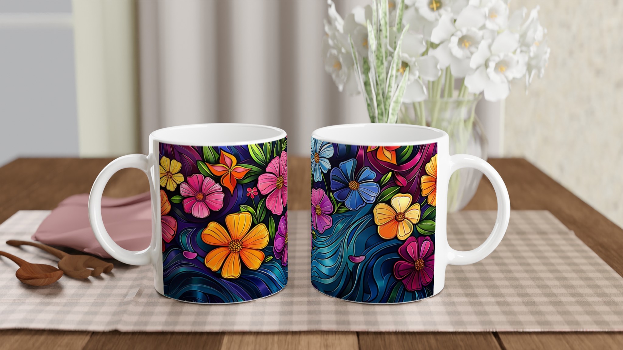 Konstfull Blomster Dans – 11oz Keramisk Mugg med Vibrerande Blå Vågor 10 208c9f1a-7115-41bb-9c4d-0ea2af4de75d