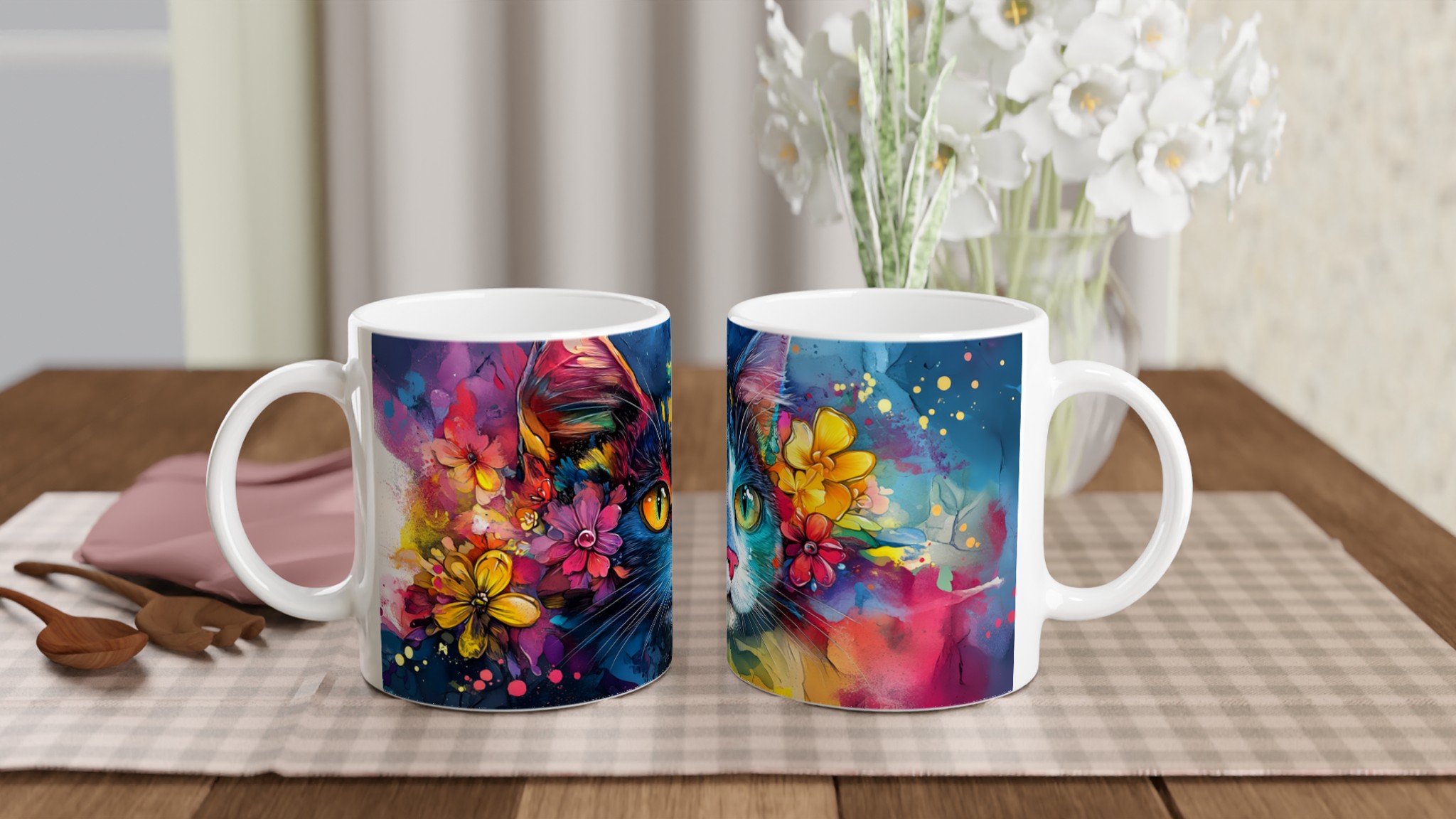 Vit 11oz keramisk mugg med färgstark konstnärlig katt, välj bland sju livfulla keramiska färger 10 208ef0a2-a89d-4700-a0bd-7fd5779f909a