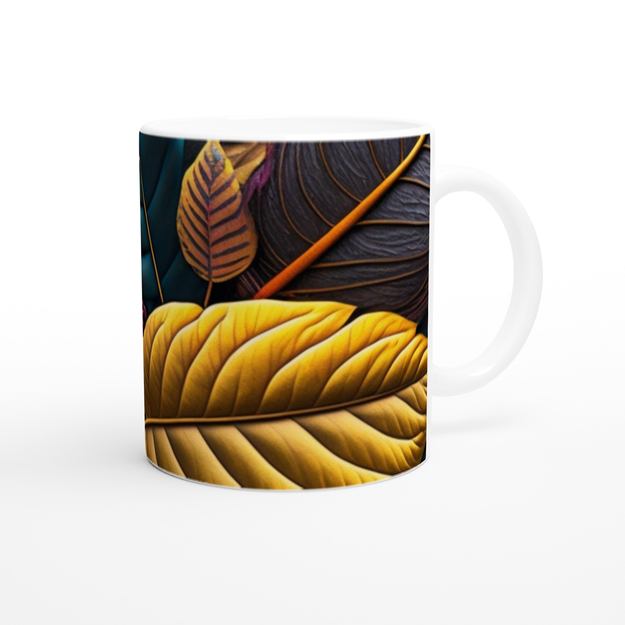 Vit 11oz keramisk mugg med konstnärligt bladmotiv i eleganta färger 9 20c2e083-c855-464c-8020-e079c27af8de