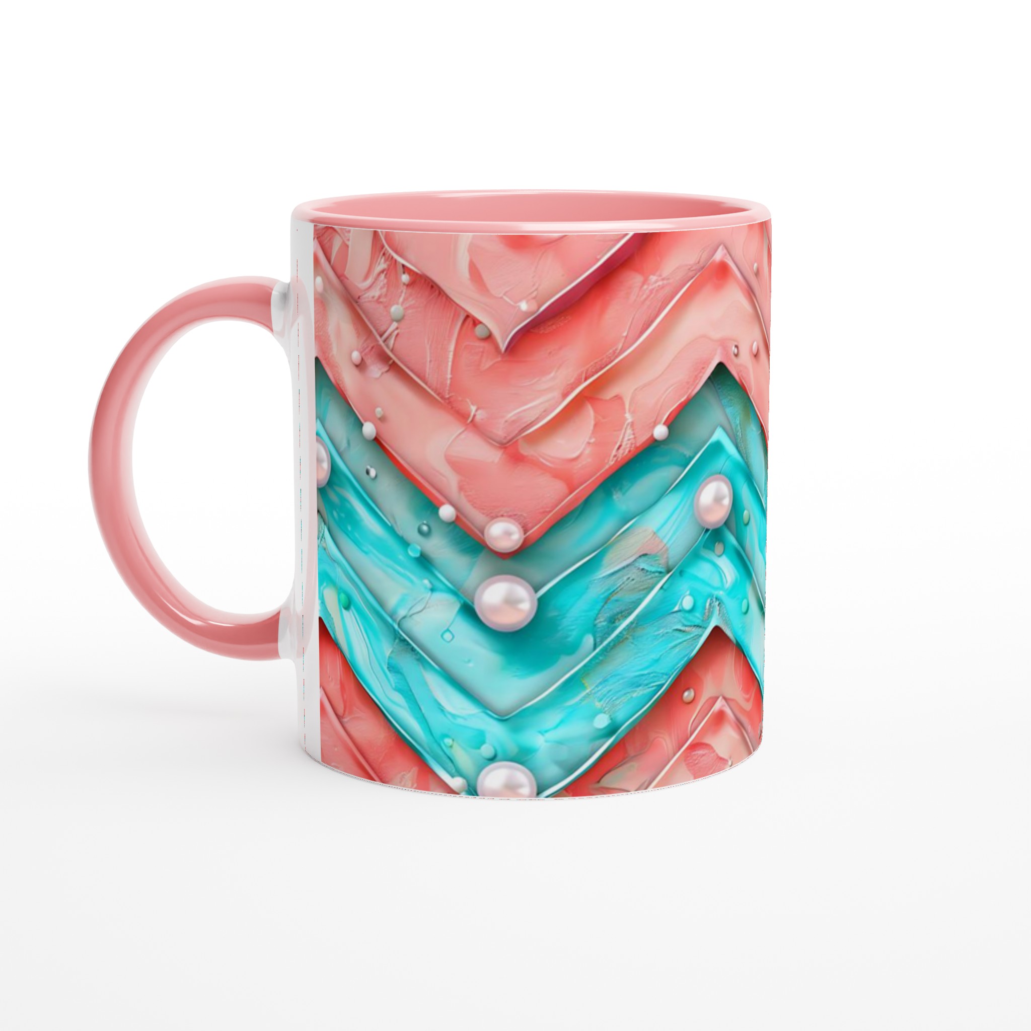 Vit 11oz keramisk mugg med färgstarkt abstrakt mönster i blått och korall 6 21bd0adb-de0b-49f7-b925-81144c944219