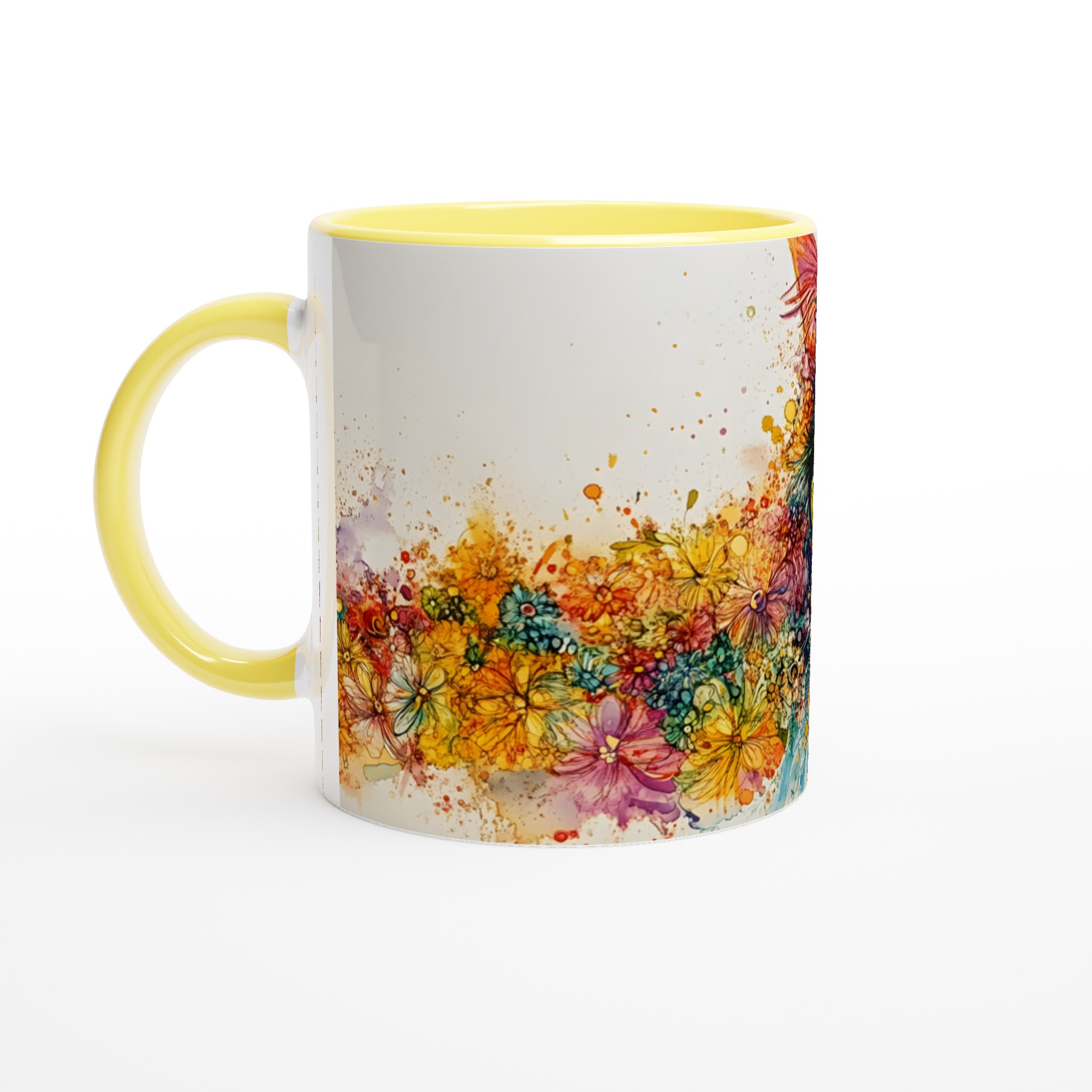 Vit 11oz keramisk mugg med färgstarkt blomstrande kattmotiv – välj din färgstil 3 223f22f4-585d-4990-8f79-debf22c8ac69