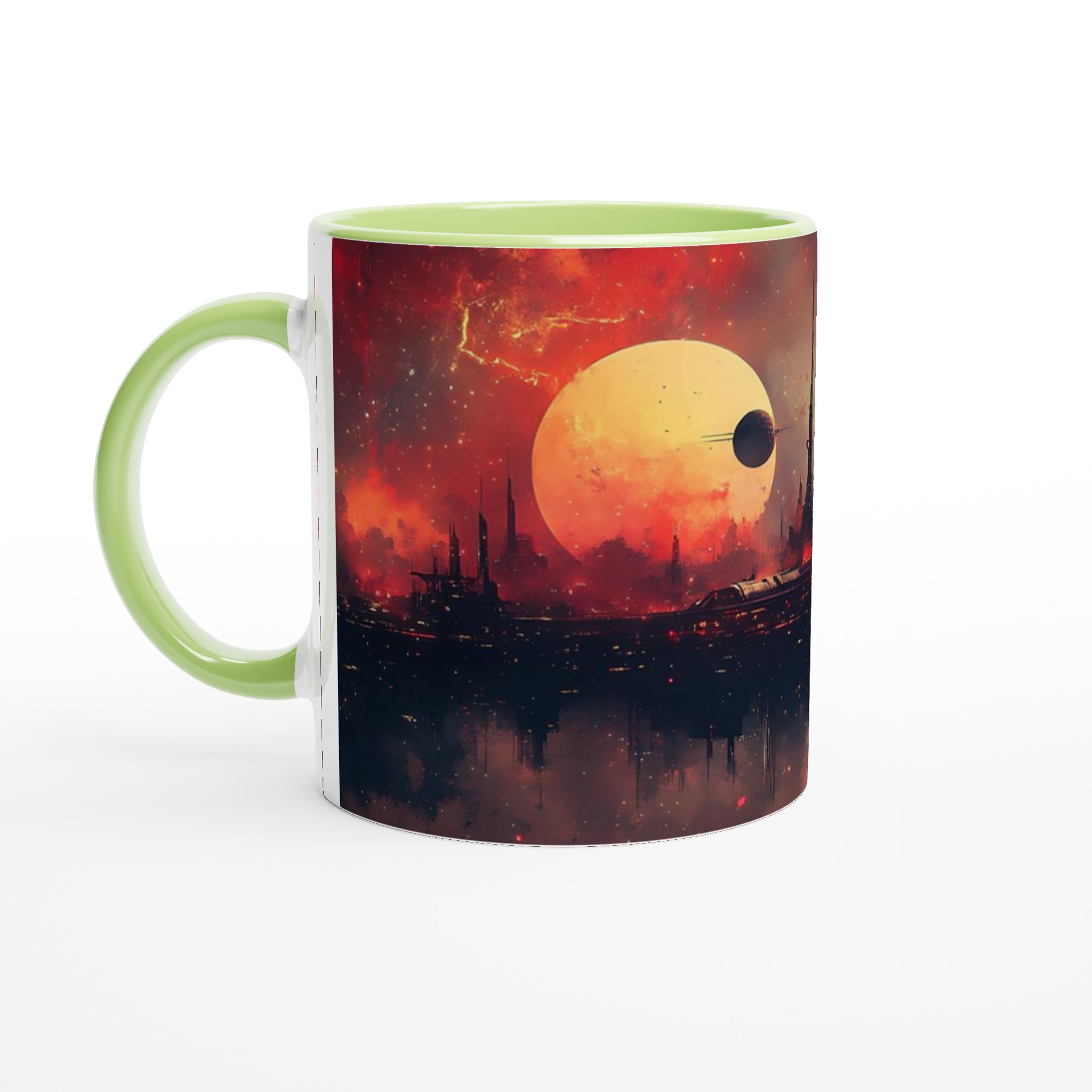 Futuristisk Stadsmugg: Sci-Fi Landskap & Eldig Himmel – 11oz Keramikmugg i Valfri Färg 7 2279d05b-b33a-4ca1-b225-35fc0e9a37de