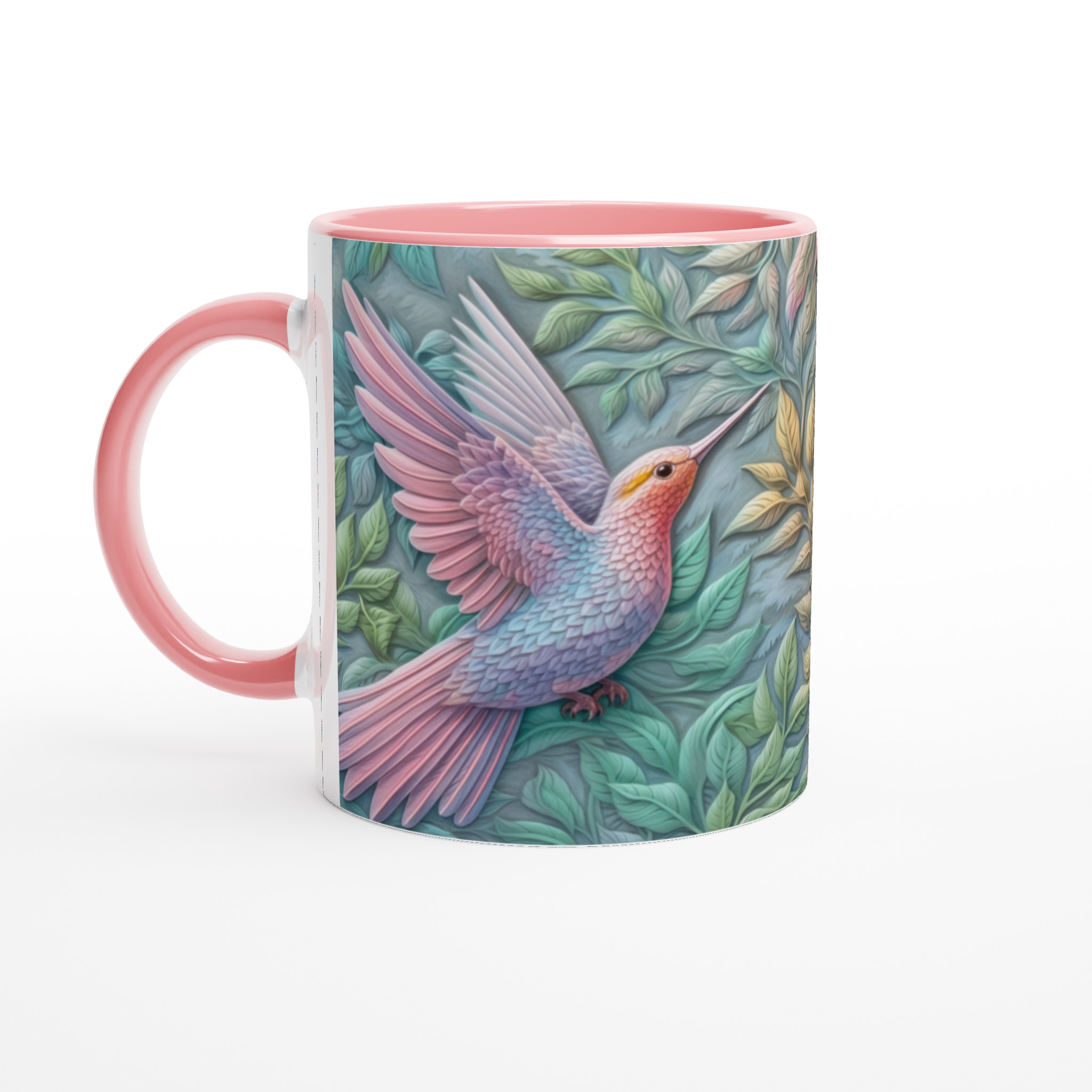 Vit 11oz keramisk mugg med drömskt kolibri- och lövmotiv i mjuka pasteller 6 227cab97-f0ab-45f3-9914-f0e484926f77