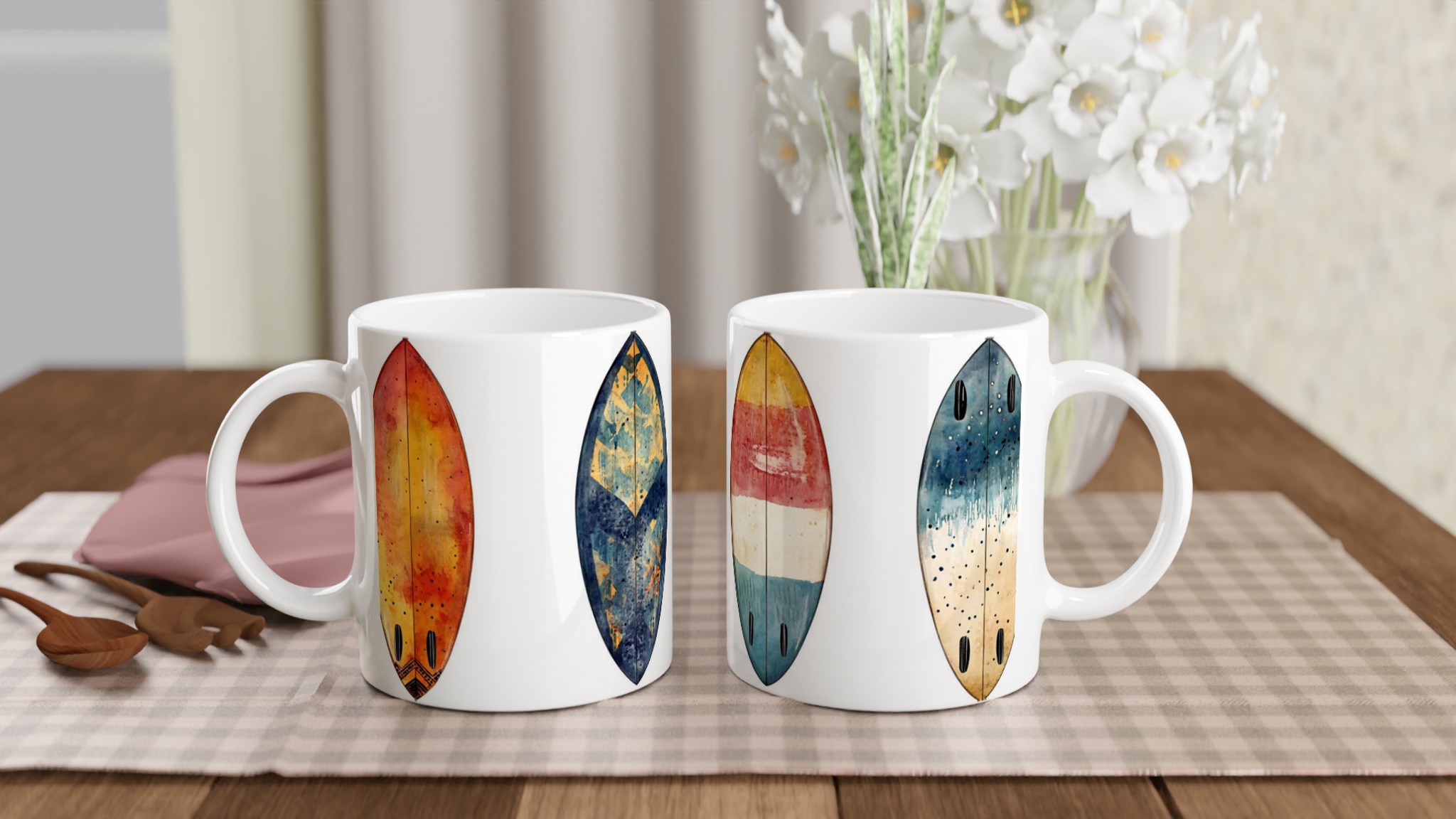 Vågig Akvarell Surfbräda Mugg – 11oz Keramisk Kaffemugg med Strandvibe, Välj Färg! 10 229f800d-6ced-40d2-a053-6fdb6286fff2