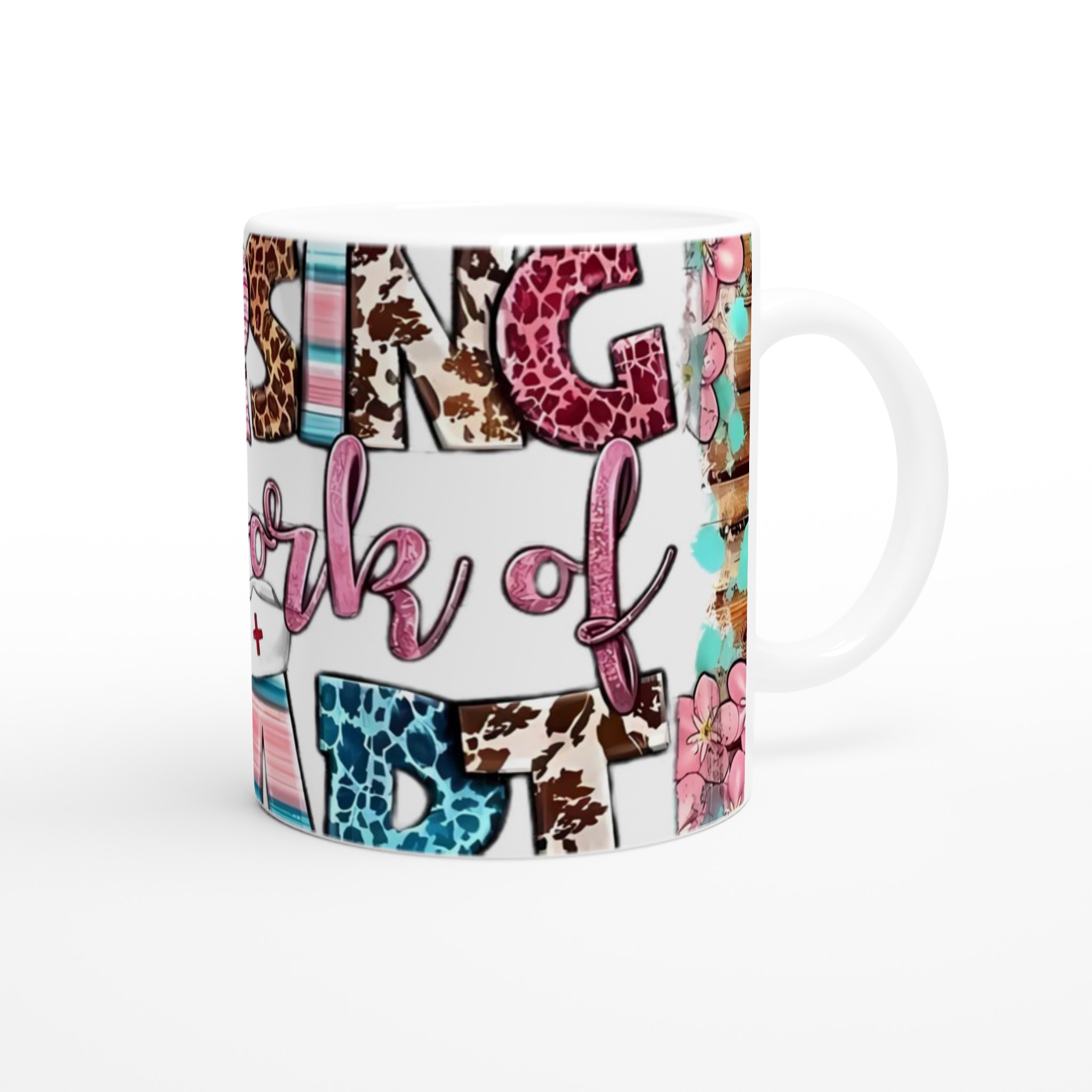 Vit 11oz keramisk mugg med livfull 'Nursing is a Work of Heart'-design i flera färgstarka varianter 9 23287aa3-4fb0-42d2-bff9-a28fe9b643aa