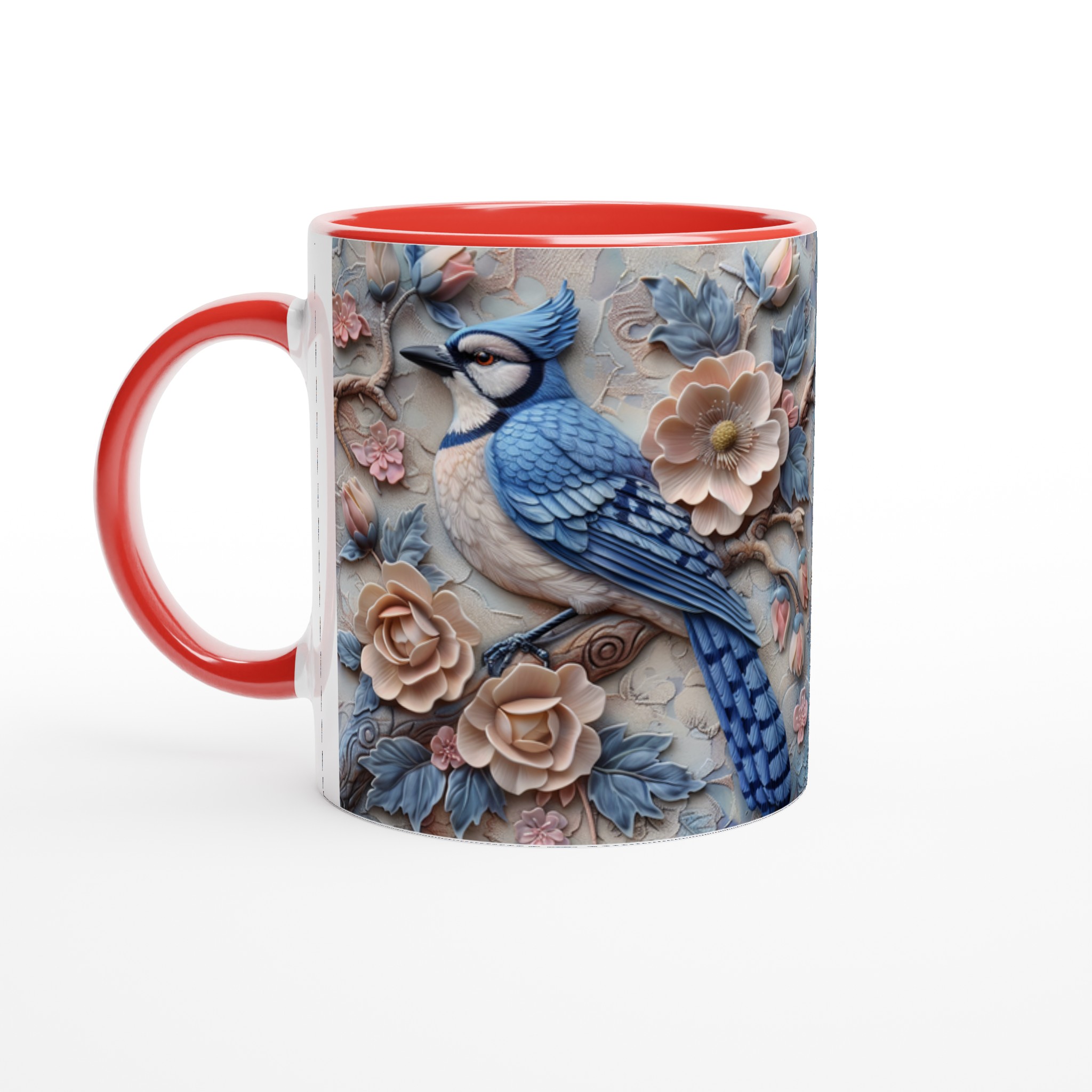 Vit 11oz keramisk mugg med elegant blåskrikfågel och blomsterdesign i mjuka pasteller 5 233bce29-a73d-459e-b533-49f1713920ff