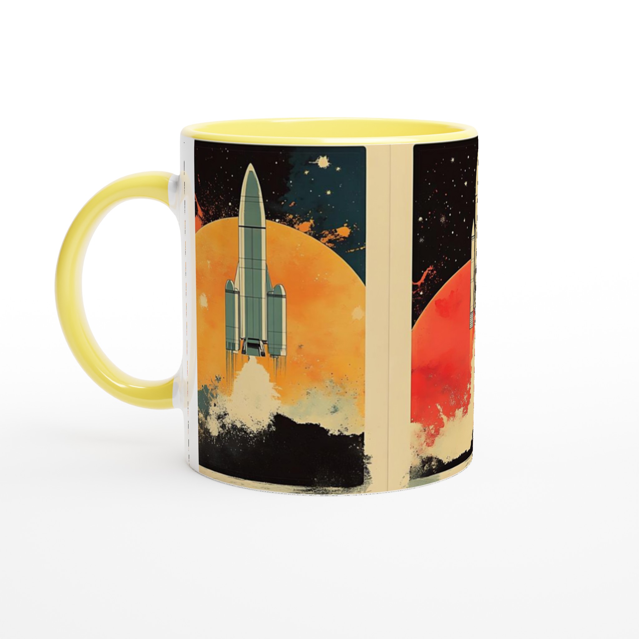Retro Space Odyssey Mugg – 11oz Keramisk Mugg med Raketmotiv och Starka Kontraster 3 233d1404-02d3-4156-a49c-9a145ebace2e