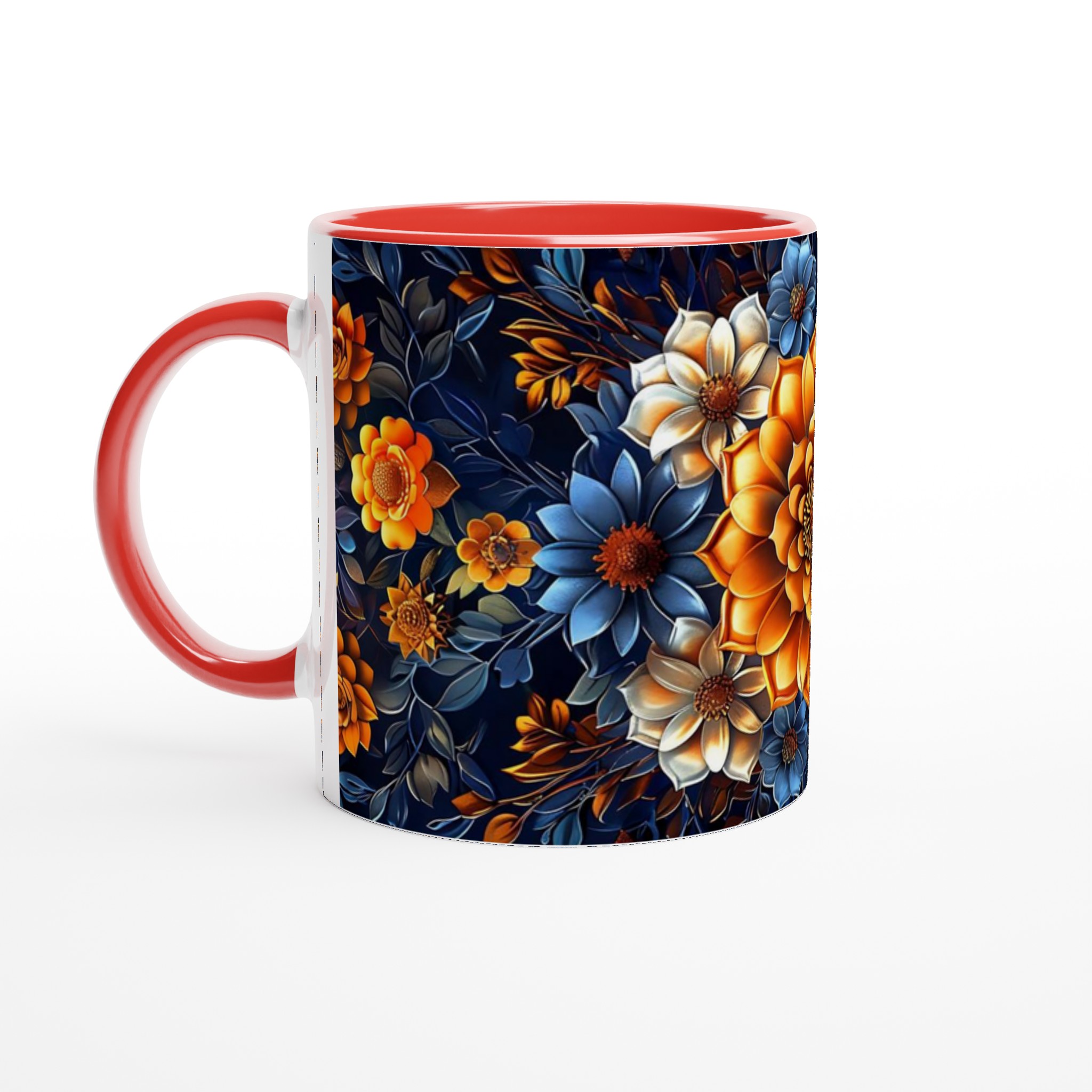 Lyxig Blomstermugg 11oz – Eleganta Orange, Blå & Vita Blommor på Mörk Bakgrund 5 2362f13d-811d-4c9b-8d03-3eb8fc069c50
