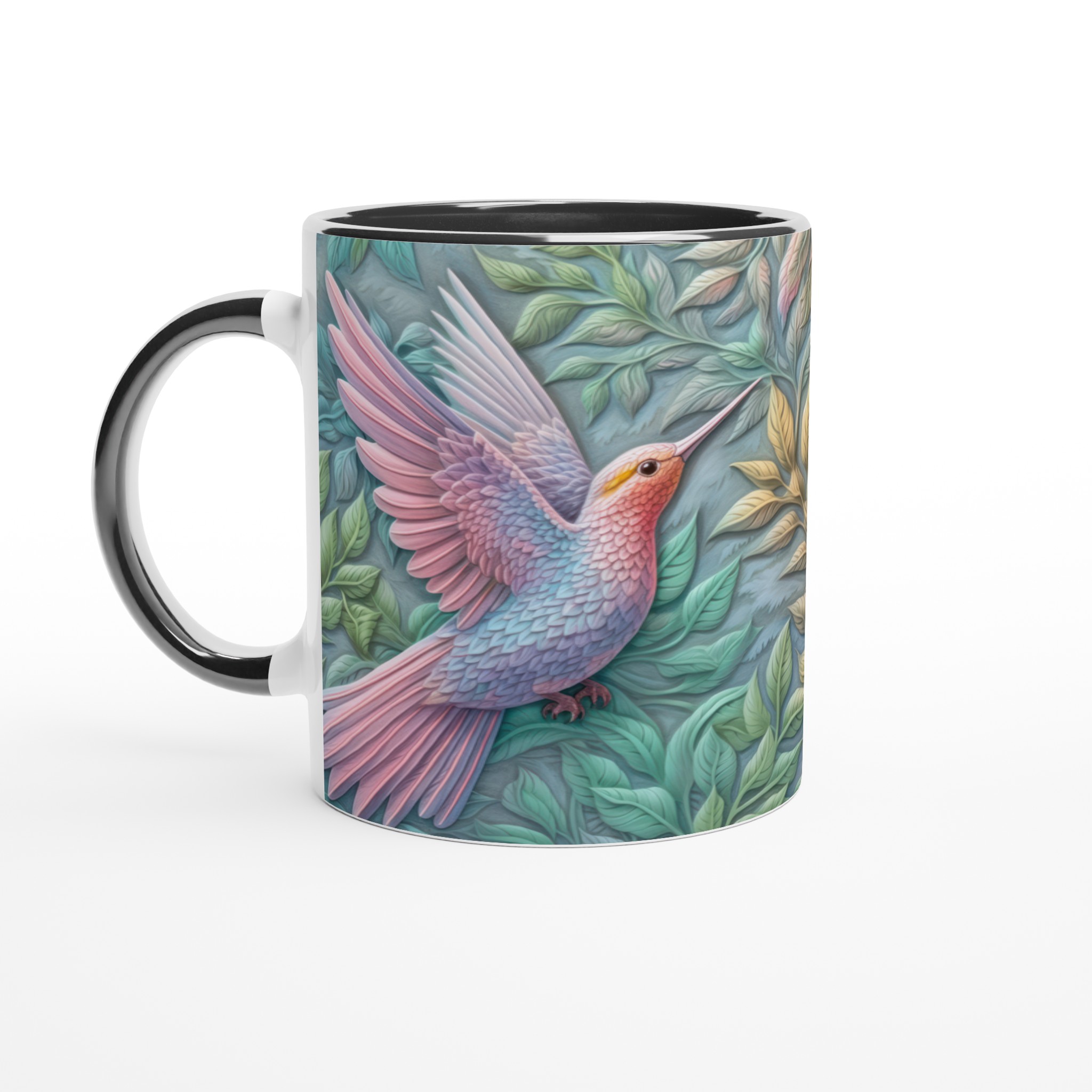Vit 11oz keramisk mugg med drömskt kolibri- och lövmotiv i mjuka pasteller 4 23ae0428-599d-4b97-9fd8-7987c3f0eab2