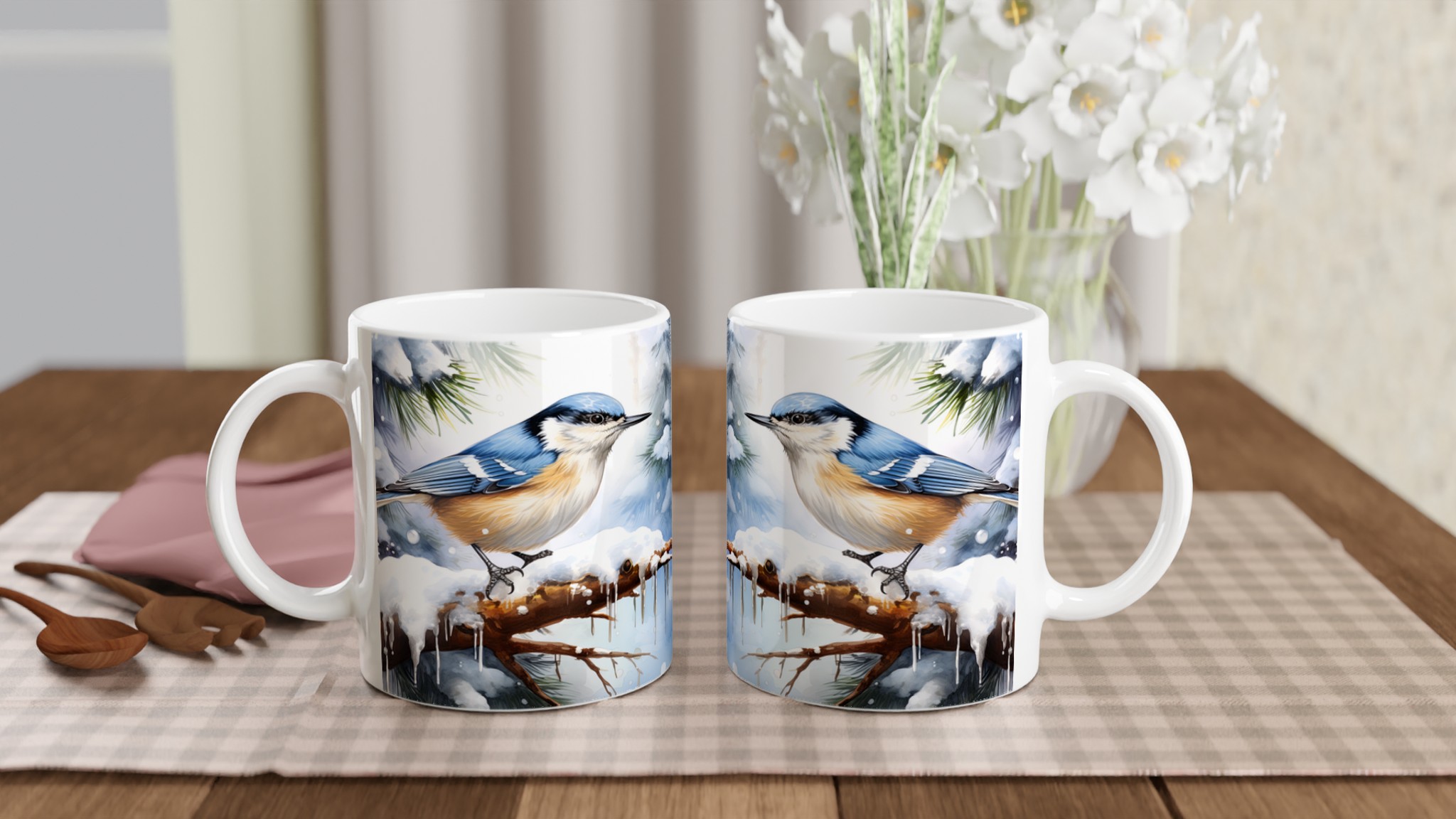 Vit 11oz keramisk mugg med vintrig fågelskönhet i flera färgalternativ 10 24d46956-04e8-41c8-85c6-32e81569e113