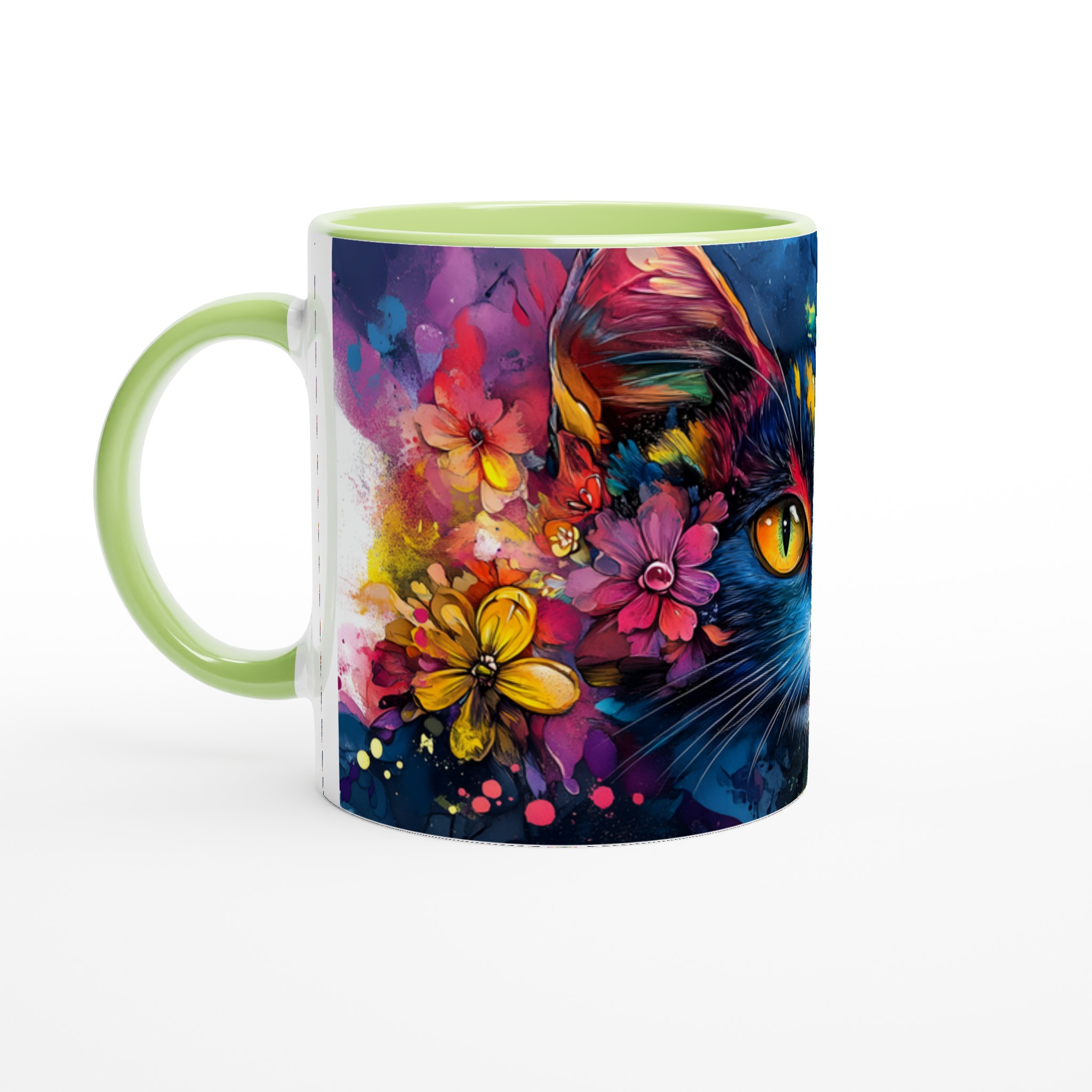 Vit 11oz keramisk mugg med färgstark konstnärlig katt, välj bland sju livfulla keramiska färger 7 24e48dc9-7790-4d93-acec-542eab01bfd0
