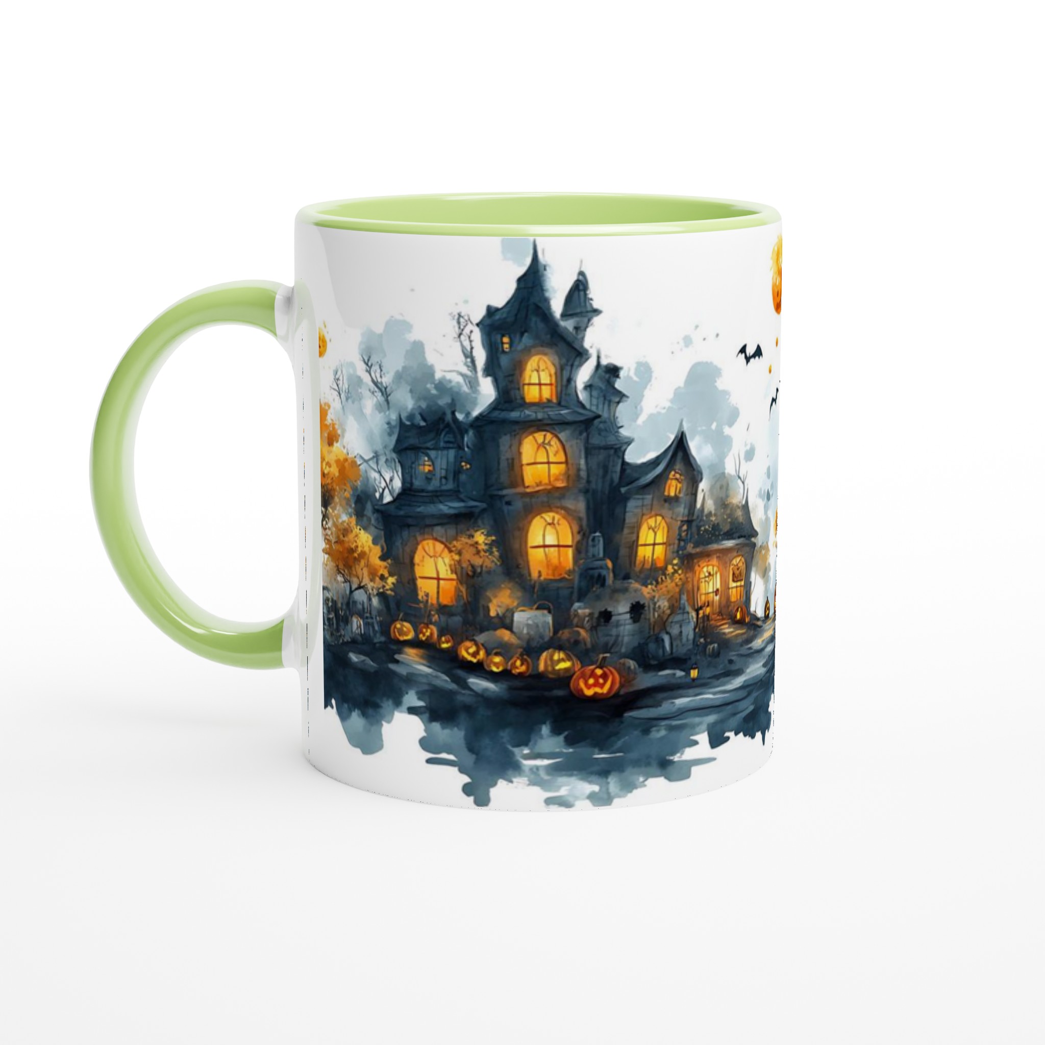 Spooky Halloween Haunted House Mugg - Akvarellstil med Lysande Pumpor och Fladdermöss 7 258eabd5-5d39-46c3-b4a8-4eb708ce0d20