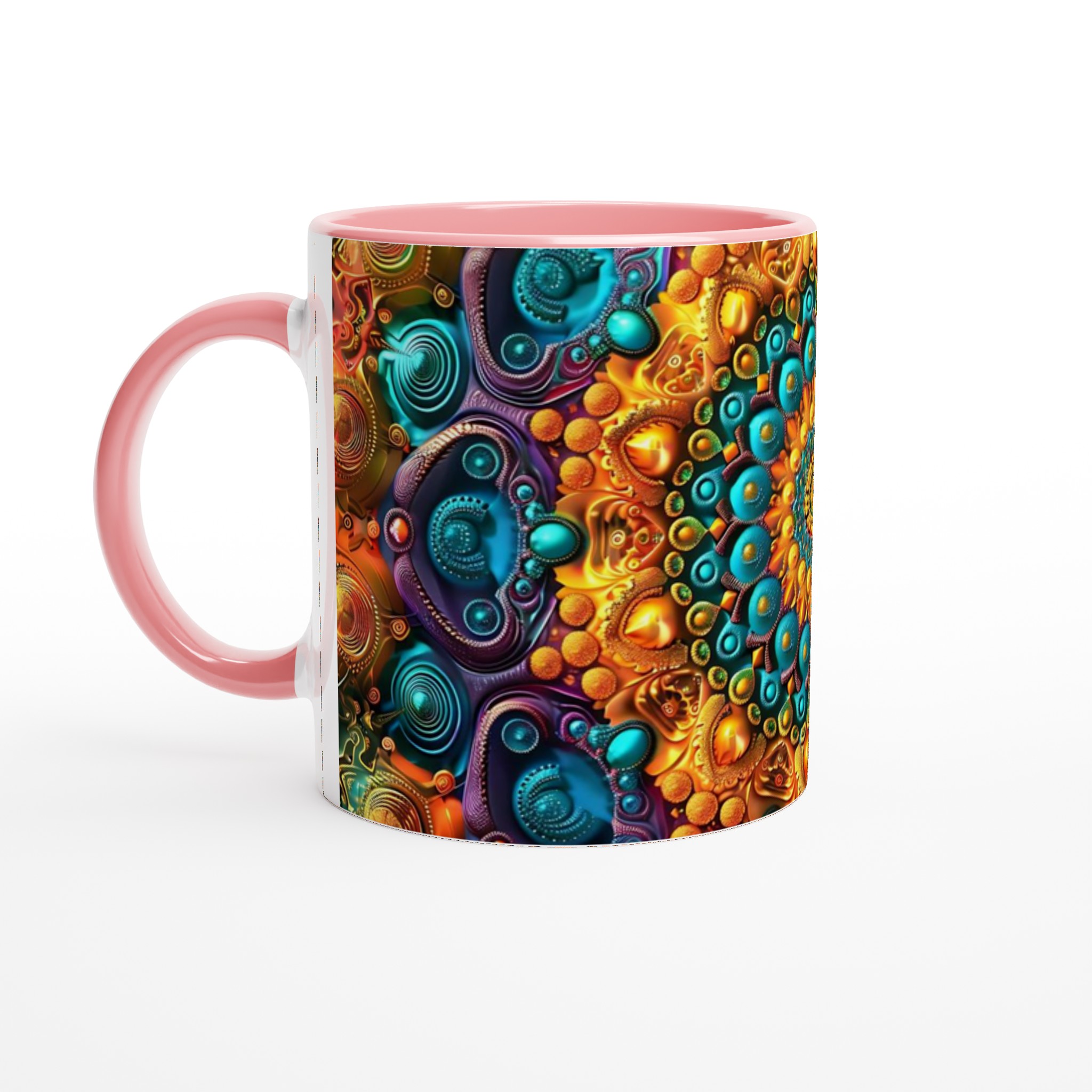 Mångfärgad Hypnotisk Mandala 11oz Keramisk Mugg – Geometrisk Konst i Strålande Guld & Turkos 6 25f2f857-4ab6-44a7-a86f-d314b2becf86