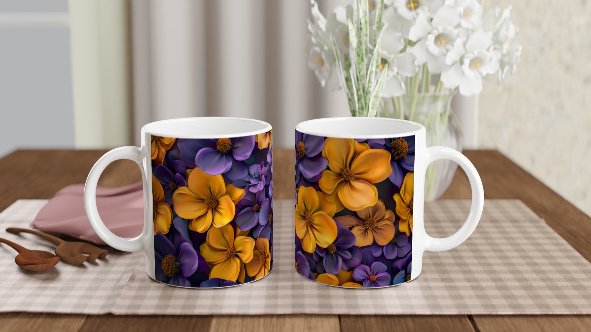 Ceramic Mug 11oz - Yellow & Purple Floral Blossom Design – Choose Your Ceramic Hue 10 26e056f0-e965-4000-b254-d95f20837638