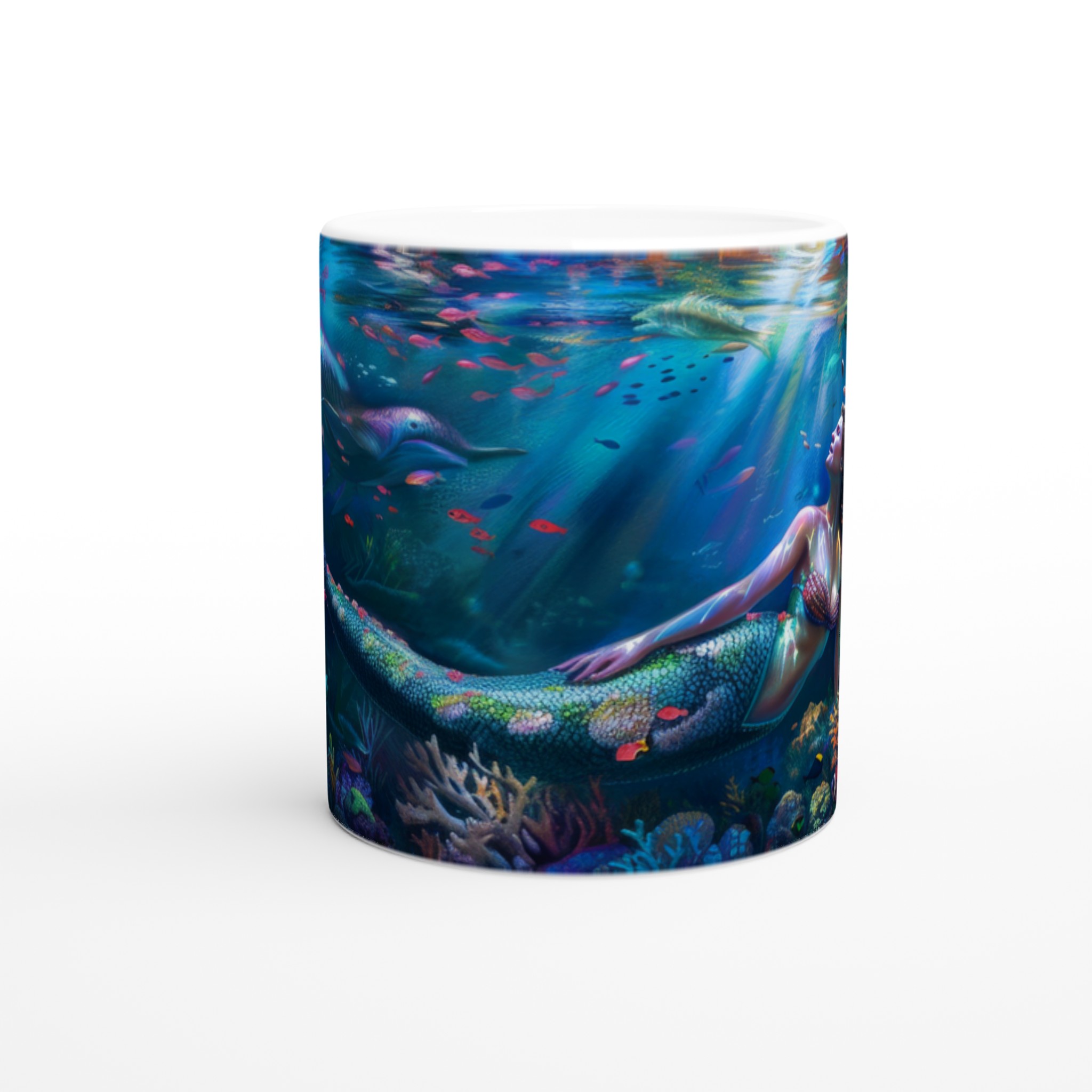 Vit 11oz keramisk mugg med fantasy-sjöjungfru i färgstarkt undervattenslandskap – välj din favoritfärg 8 26e4cbb2-139a-4b1c-8213-335b074c2a88