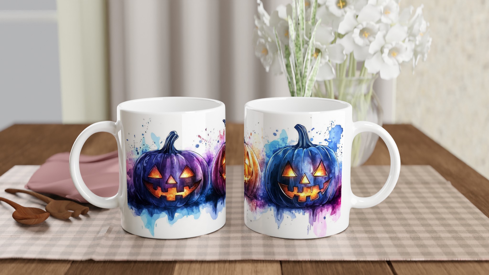 Färgglada Halloween Pumpamugg - Akvarell Jack-o'-Lantern Keramikmugg i ditt val av 7 nyanser 10 273c91fc-cf9b-464e-84b6-4fe23e05ad42