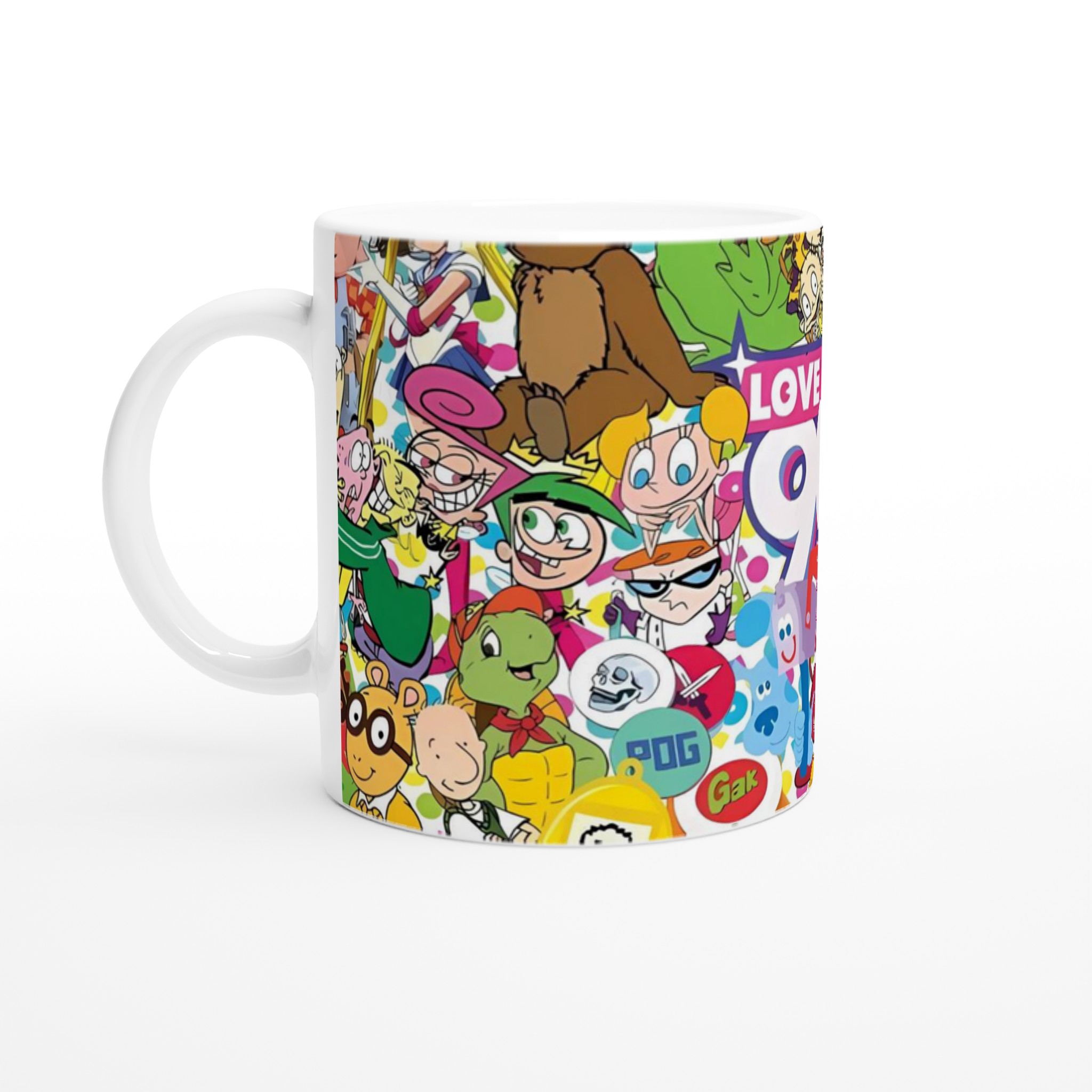 Vit 11oz keramisk mugg med livfulla 90-talsnostalgiska karaktärer i ditt val av färger 1 279ee5d1-236c-4de2-a14a-845e087f1476