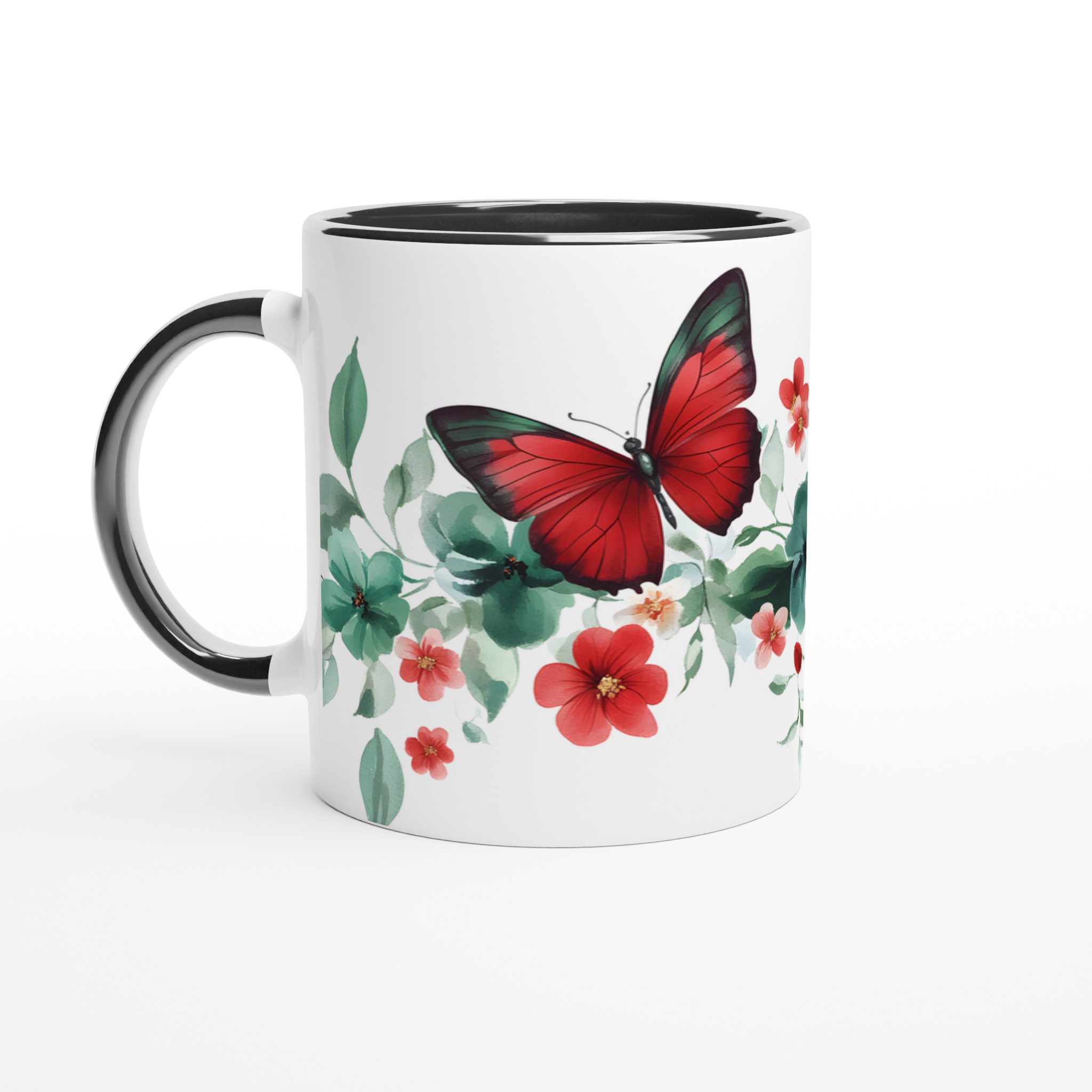 Fjärilsdröm 11oz Keramisk Mugg – Akvarellblommor & Röda Fjärilar i Valfri Färg 4 2838e483-d262-4c4c-a417-b6b30d1037c0