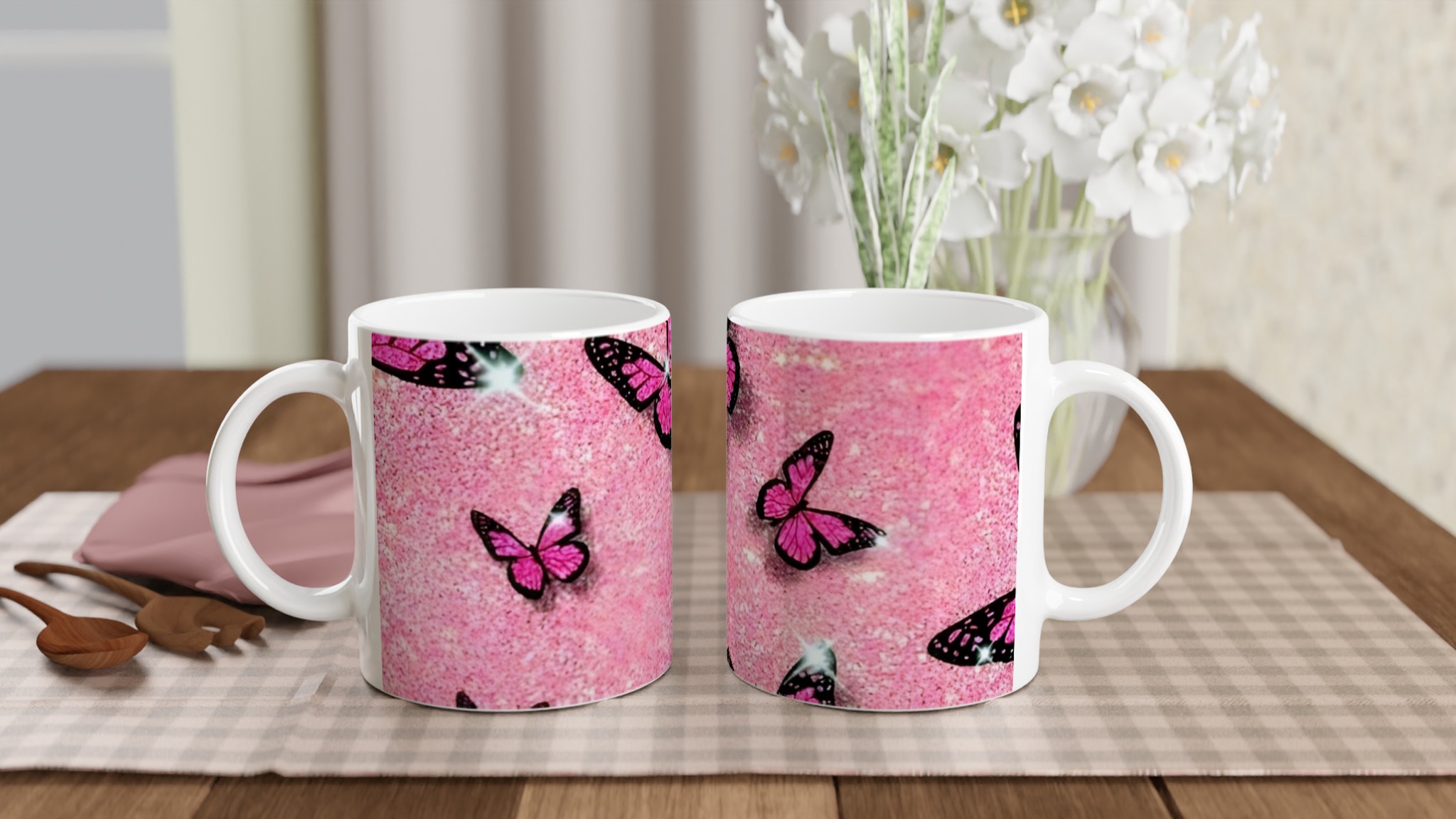 Vit 11oz keramisk mugg med glänsande rosa fjärilsmotiv – välj din favoritfärg 10 2889fcd1-ddf3-4657-9a58-b5135a2f9f55